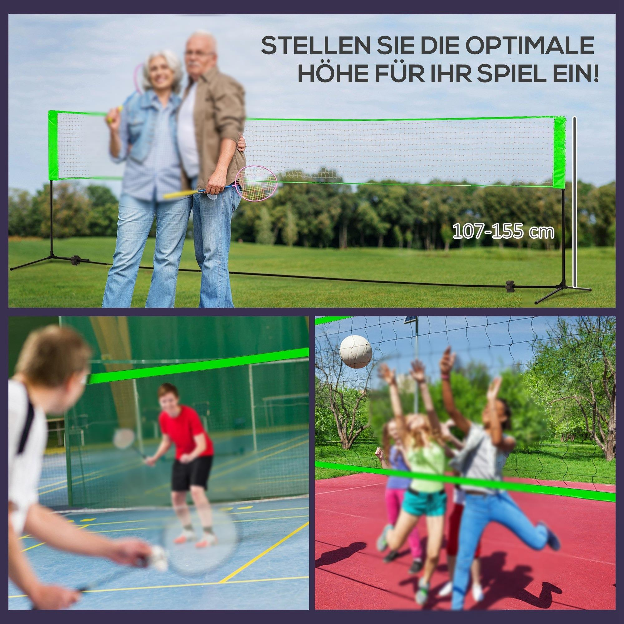Bild eines Badmintonnetzes mit Badminton- und Volleyballspielern. Enthält deutschen Text.