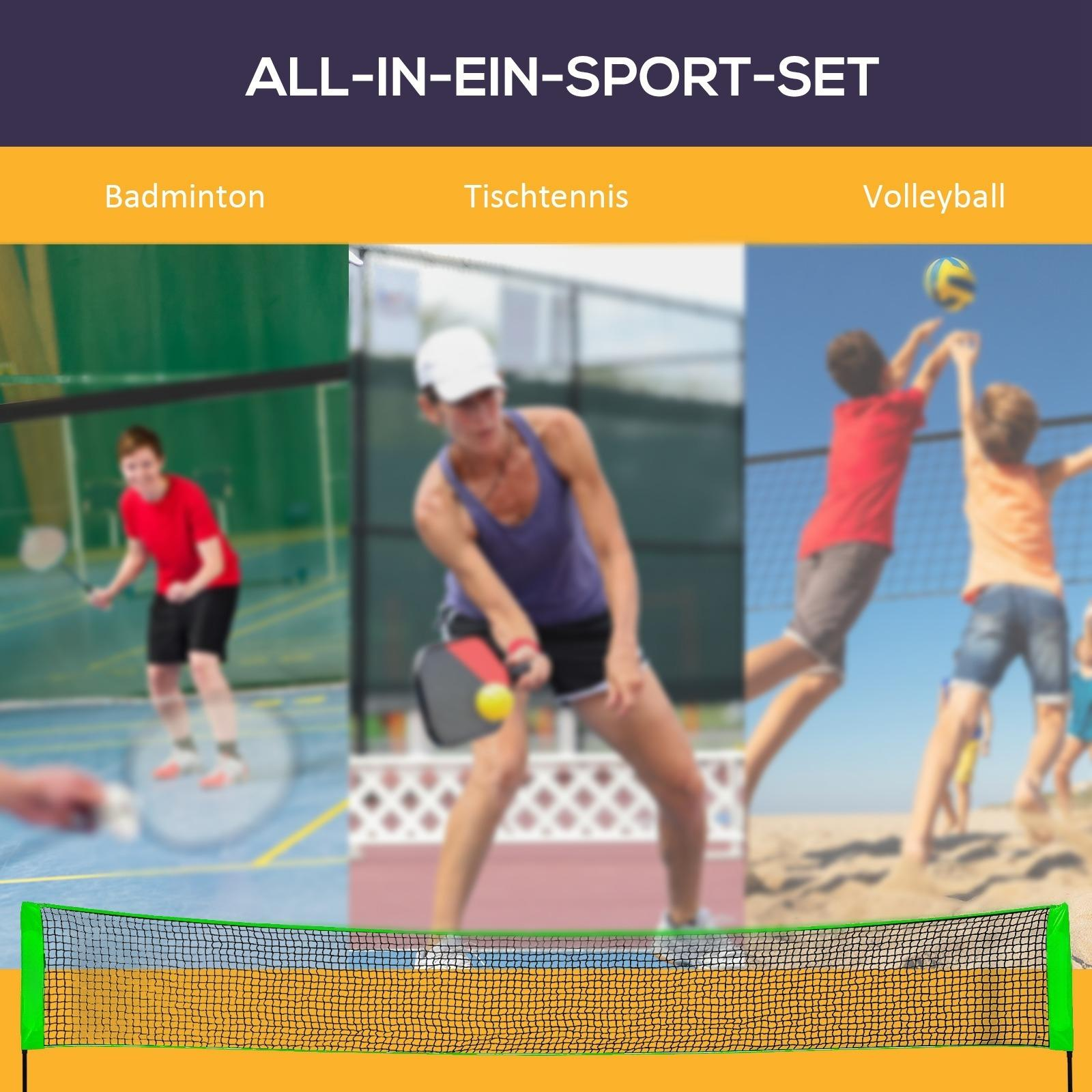 Collage mit Badminton, Tischtennis und Volleyball. Personen, die diese Sportarten ausüben, sind in den Bildern zu sehen.