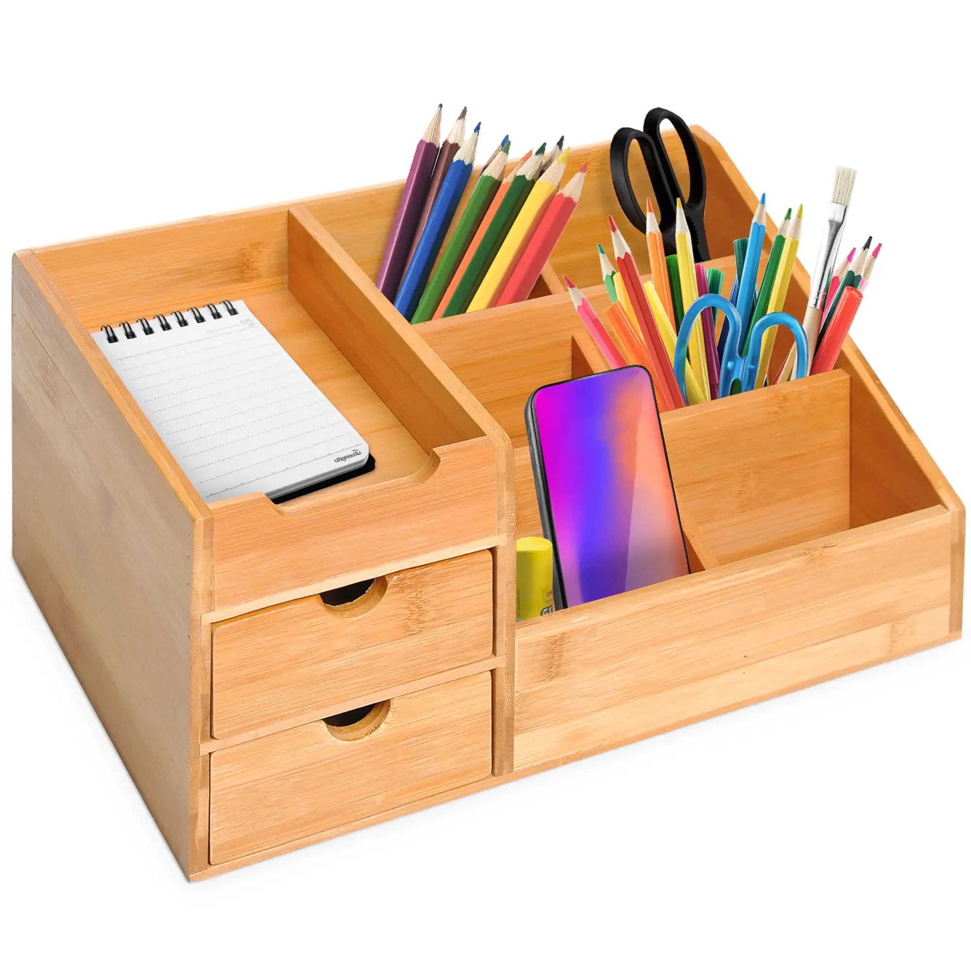 Schreibtisch-Organizer aus Holz mit Fächern für Stifte, Bleistifte, Notizbuch, Telefon und Schubladen.