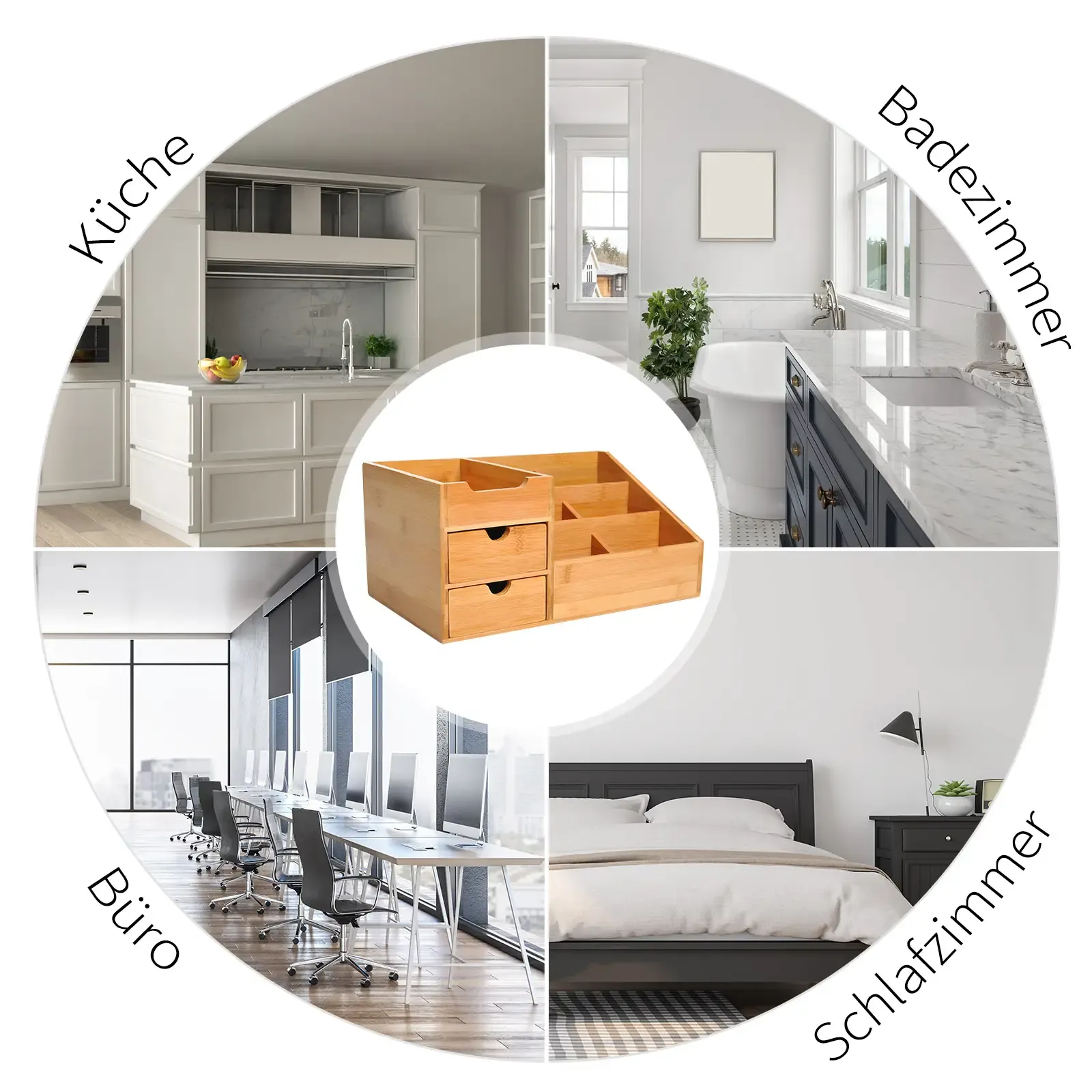 Schreibtisch-Organizer in verschiedenen Umgebungen: Küche, Badezimmer, Büro und Schlafzimmer.