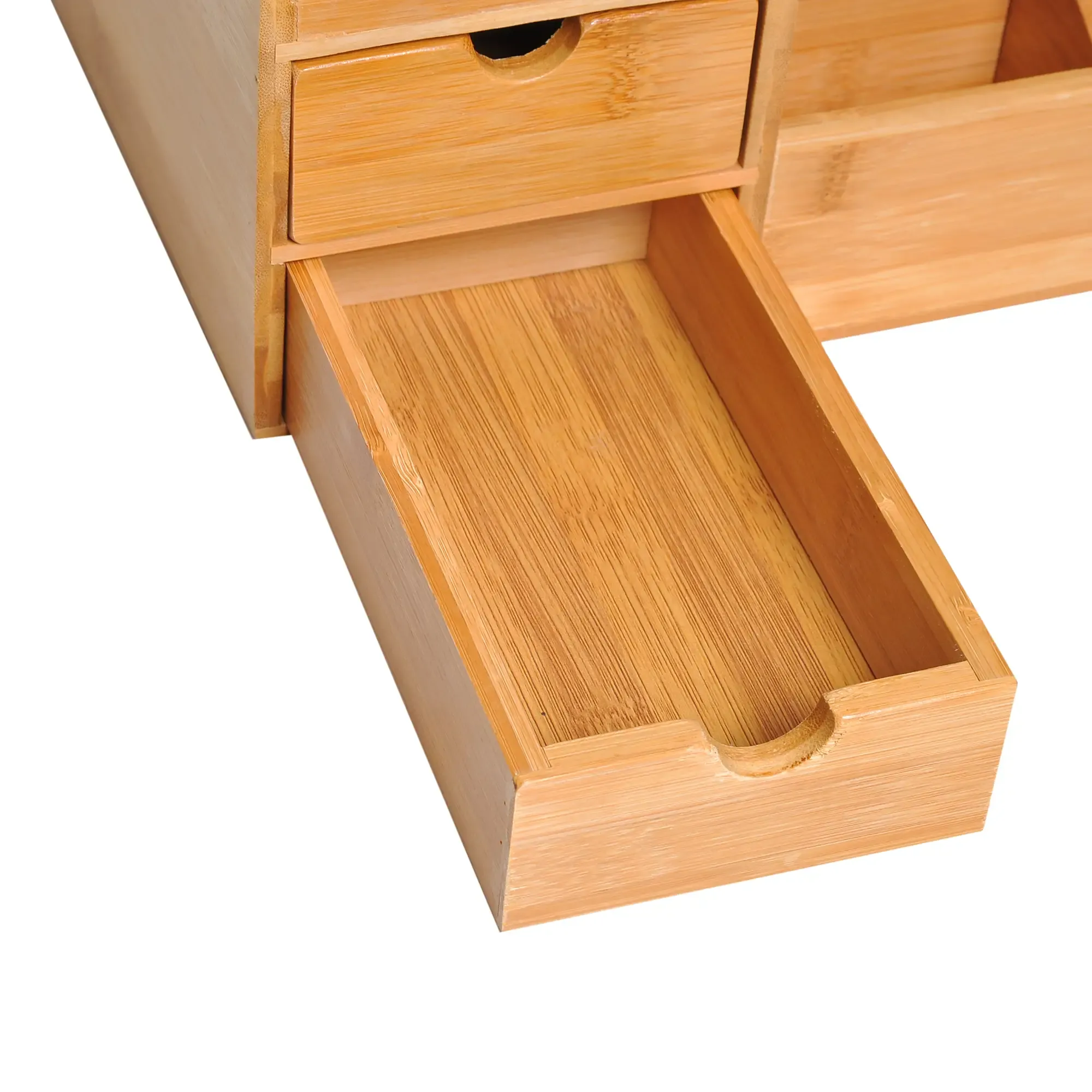 Schreibtisch-Organizer aus Holz mit einer offenen Schublade. Die Innenseite der Schublade ist zu sehen.