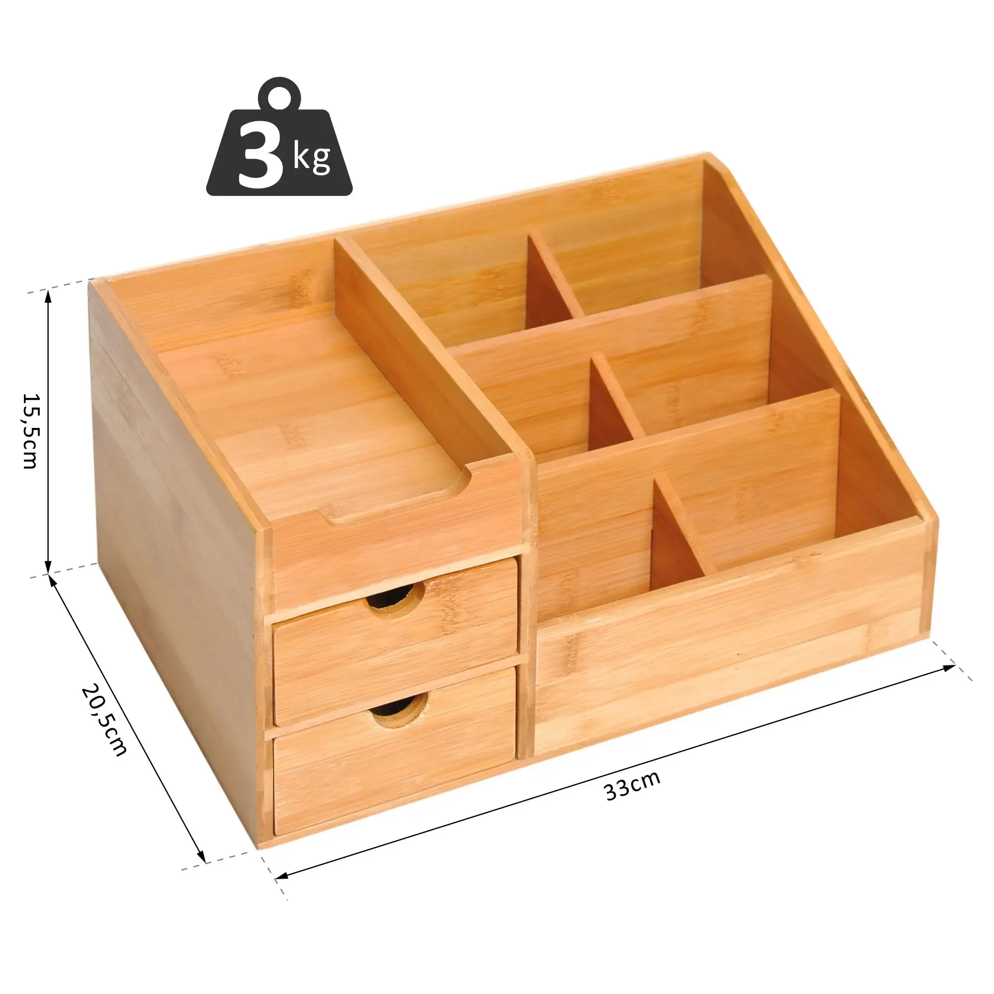 Holz-Organizer mit zwei Schubladen und mehreren Fächern. Abmessungen und Gewicht sind auf dem Bild angegeben.
