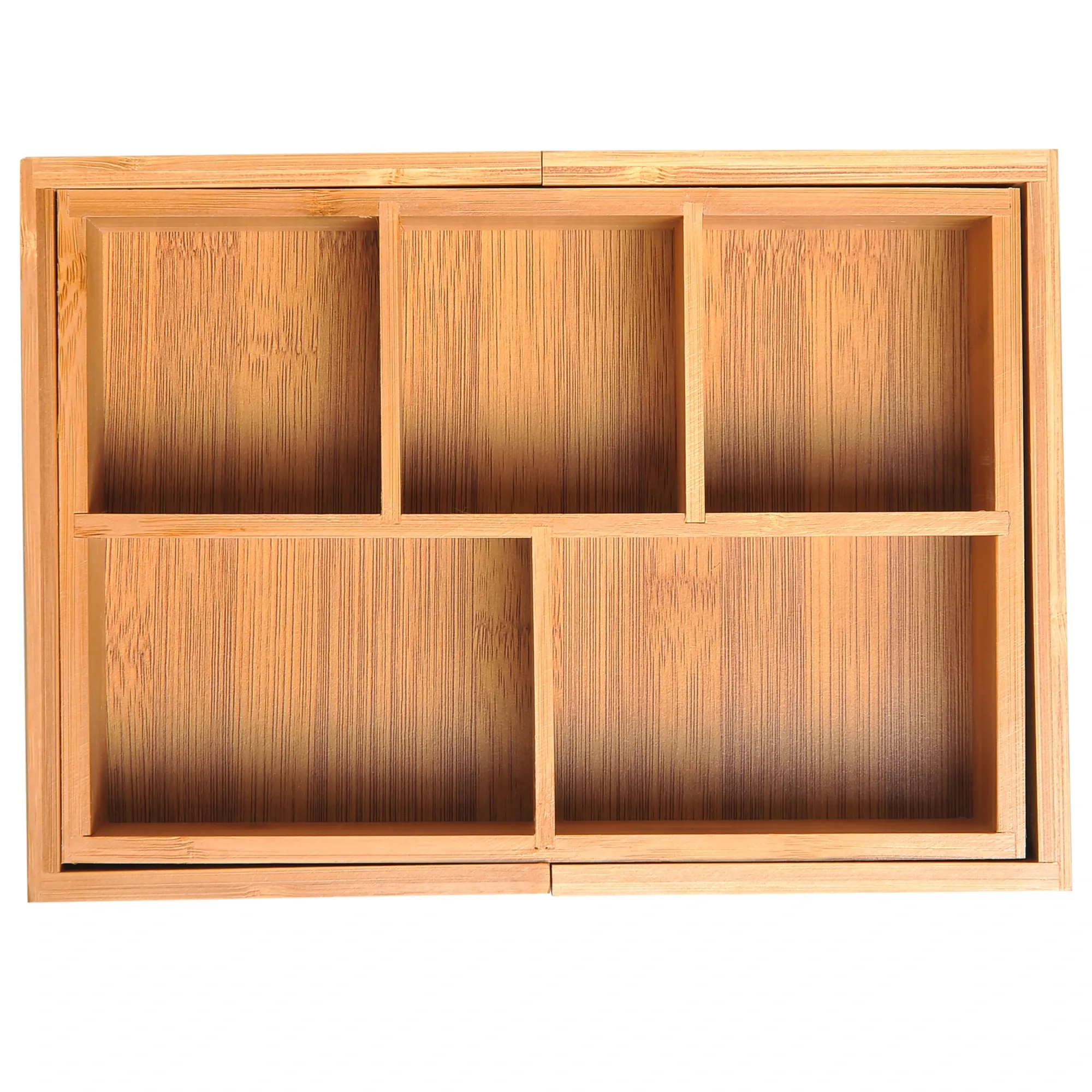 Holz-Organizer mit mehreren Fächern. Bambusmaterial. Draufsicht, leer, mit rechteckigen und quadratischen Räumen.