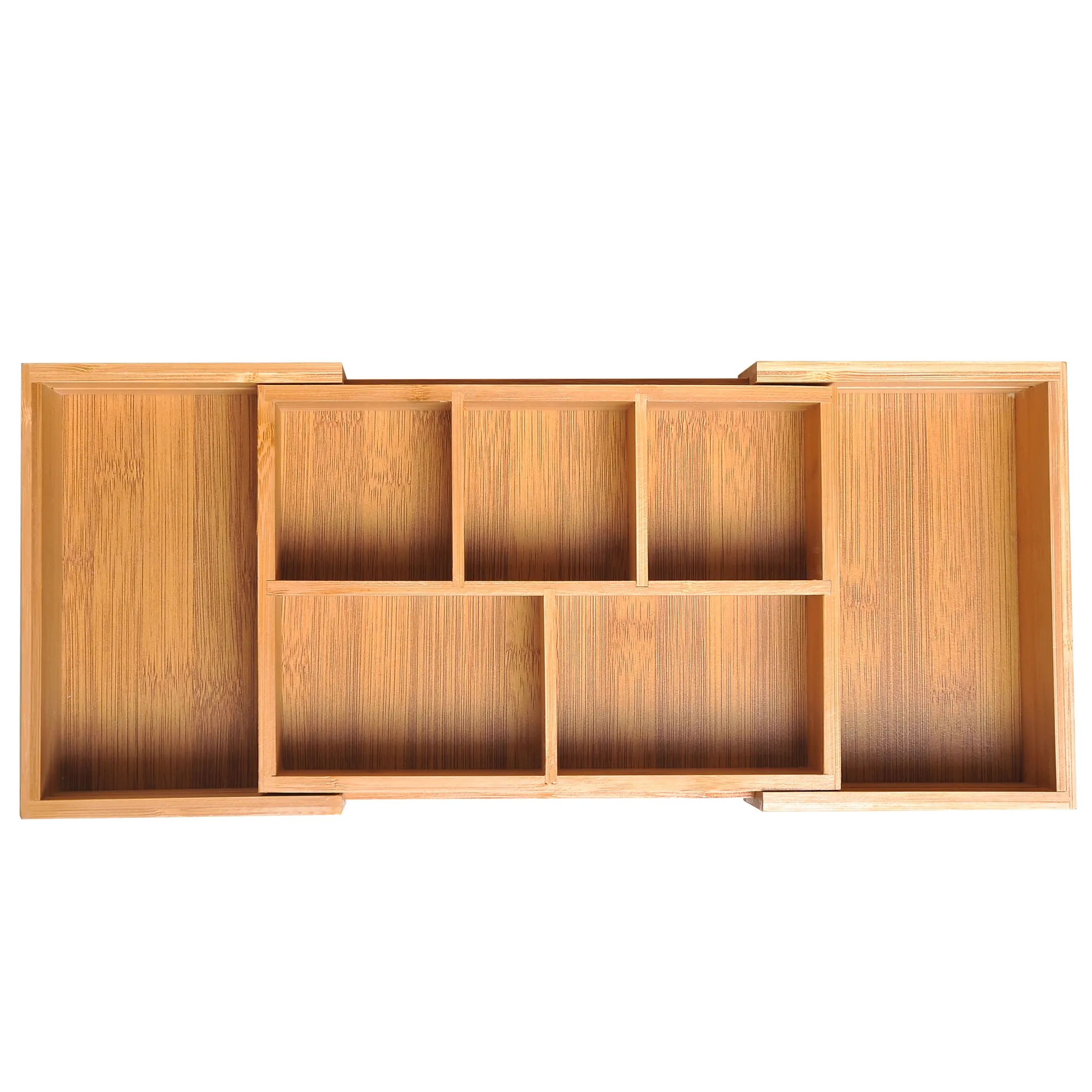 Schreibtisch-Organizer aus Holz, Draufsicht, mit mehreren Fächern, mit weißem Hintergrund.