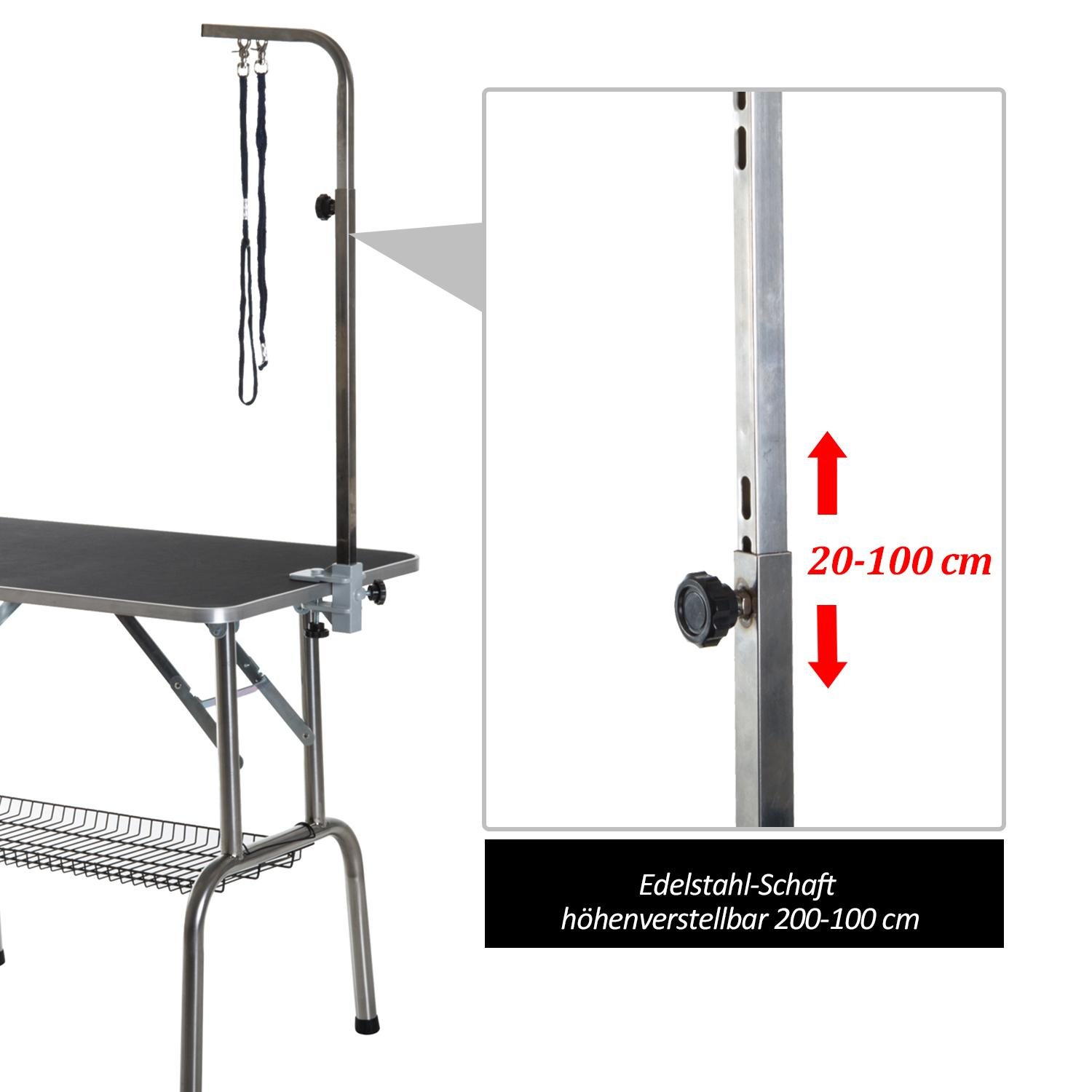 Hundefrisiertisch mit verstellbarem Arm. Der Verstellbereich ist auf dem Bild angegeben, von 20 bis 100 cm.