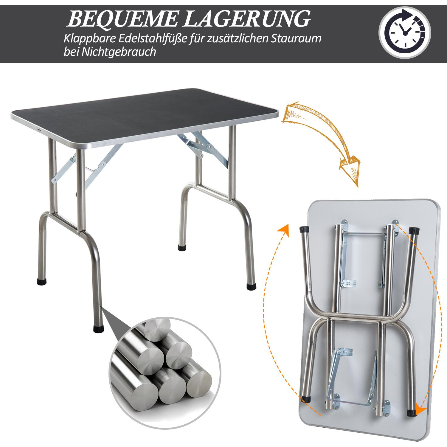 Klappbarer Hundefrisiertisch mit Nahaufnahmen. Zeigt die klappbaren Beine und eine Nahaufnahme des Beinmaterials.