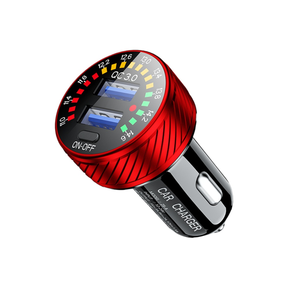 Rotes und schwarzes Autoladegerät mit zwei USB-Anschlüssen und einem EIN-AUS-Knopf. Hat ein Display mit Spannungswerten.