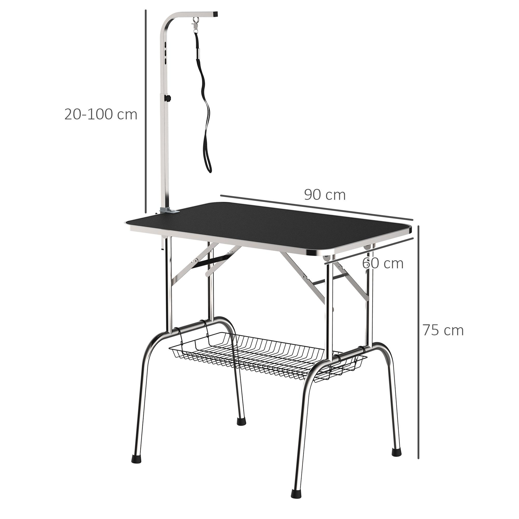 Hundefrisiertisch mit Maßangaben: 90 cm breit, 60 cm tief, 75 cm hoch. Verstellbarer Arm.