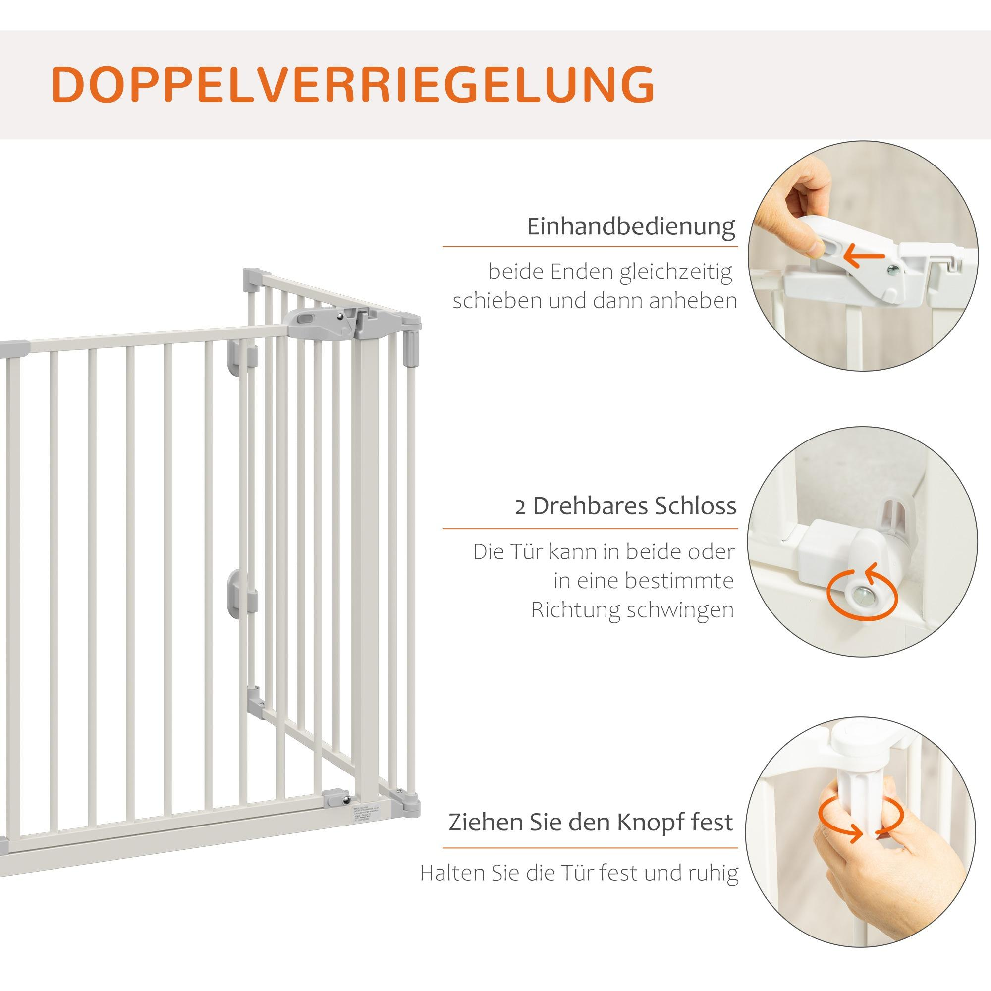 Weiße Kindersicherheits-Tür mit detaillierten Anweisungen. Zeigt den Verriegelungsmechanismus und wie man die Tür öffnet.
