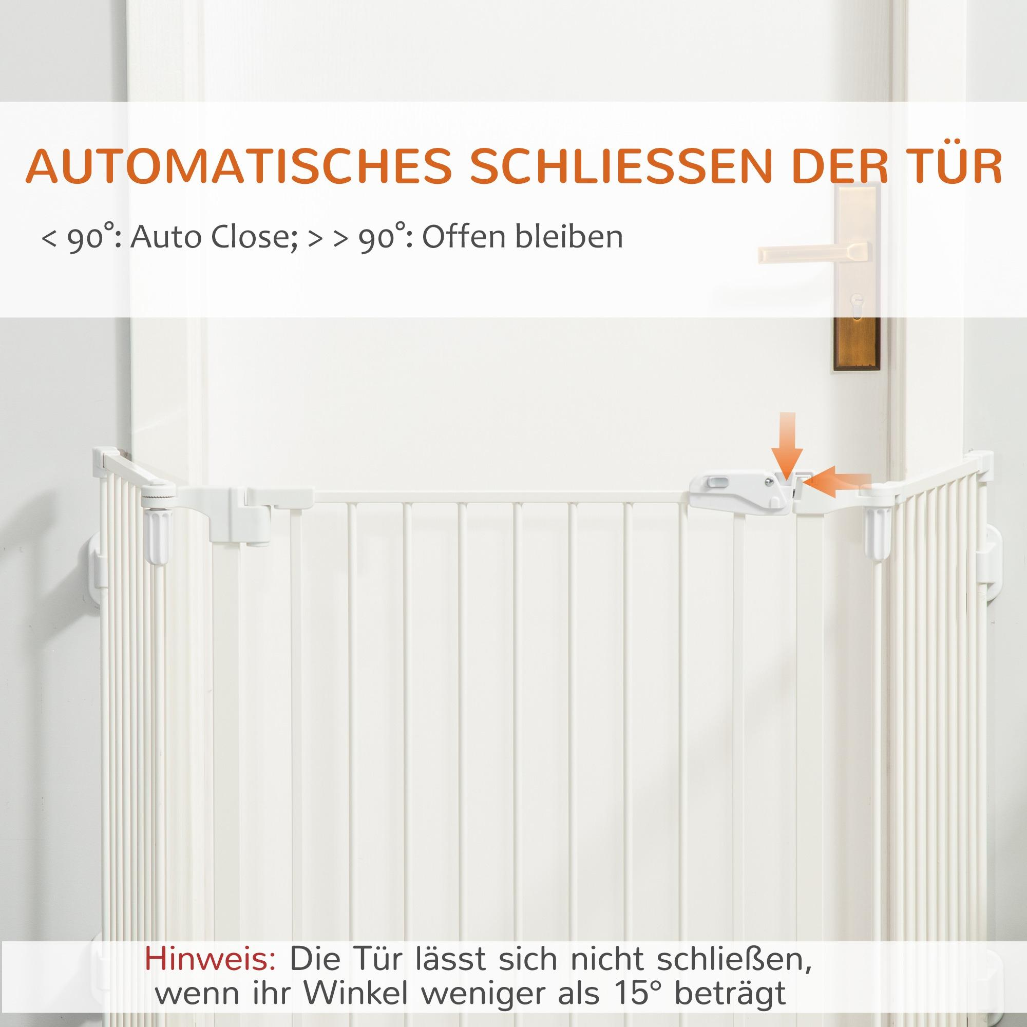 Weiße Sicherheits-Tür mit Anweisungen. Zeigt, wie die Tür automatisch schließt und über 90 Grad offen bleibt.