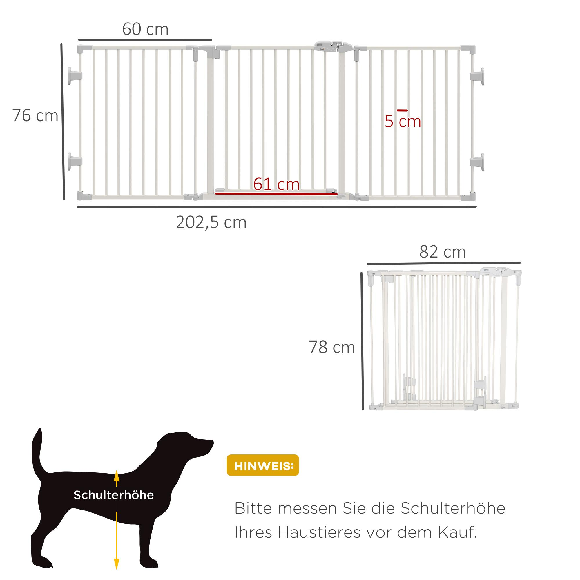 Diagramm einer Babysicherheits-Tür mit Abmessungen, einschließlich Höhe und Breite. Zeigt auch eine Hunde-Silhouette zur Größenbestimmung.