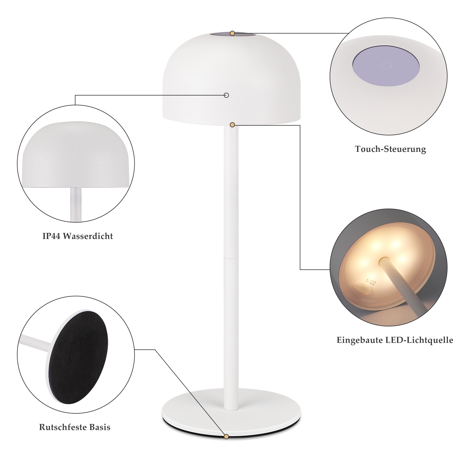 Schemat białej lampy. Pokazuje sterowanie dotykowe, źródło światła LED, wodoodporność i podstawę.