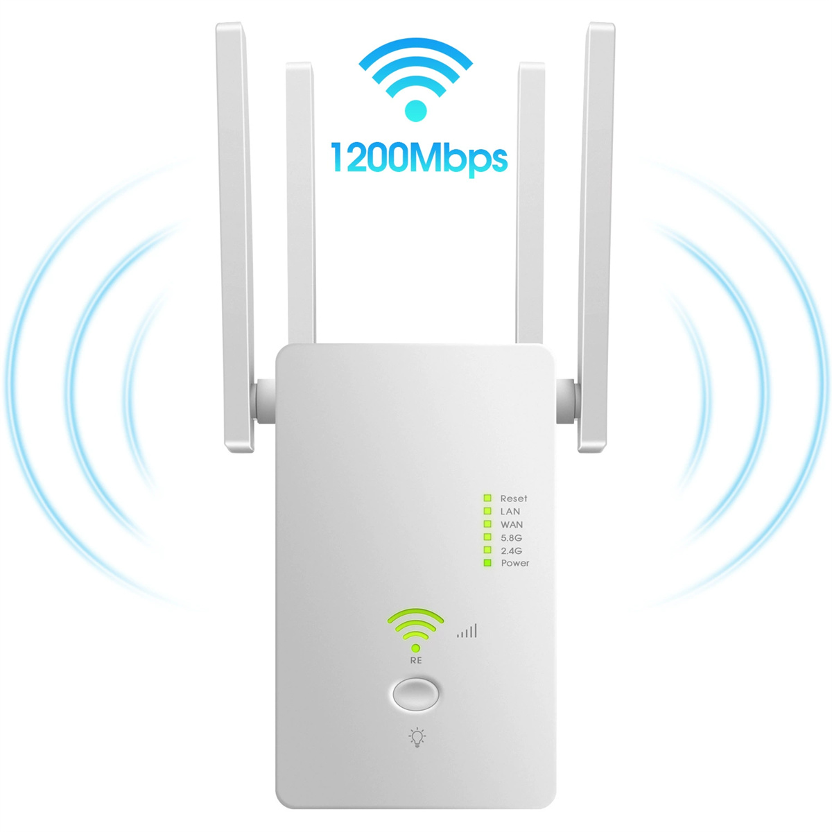 Ein weißer WLAN-Router mit vier Antennen. Blaue Wellen gehen vom Gerät aus, mit dem Text 1200 Mbit/s.