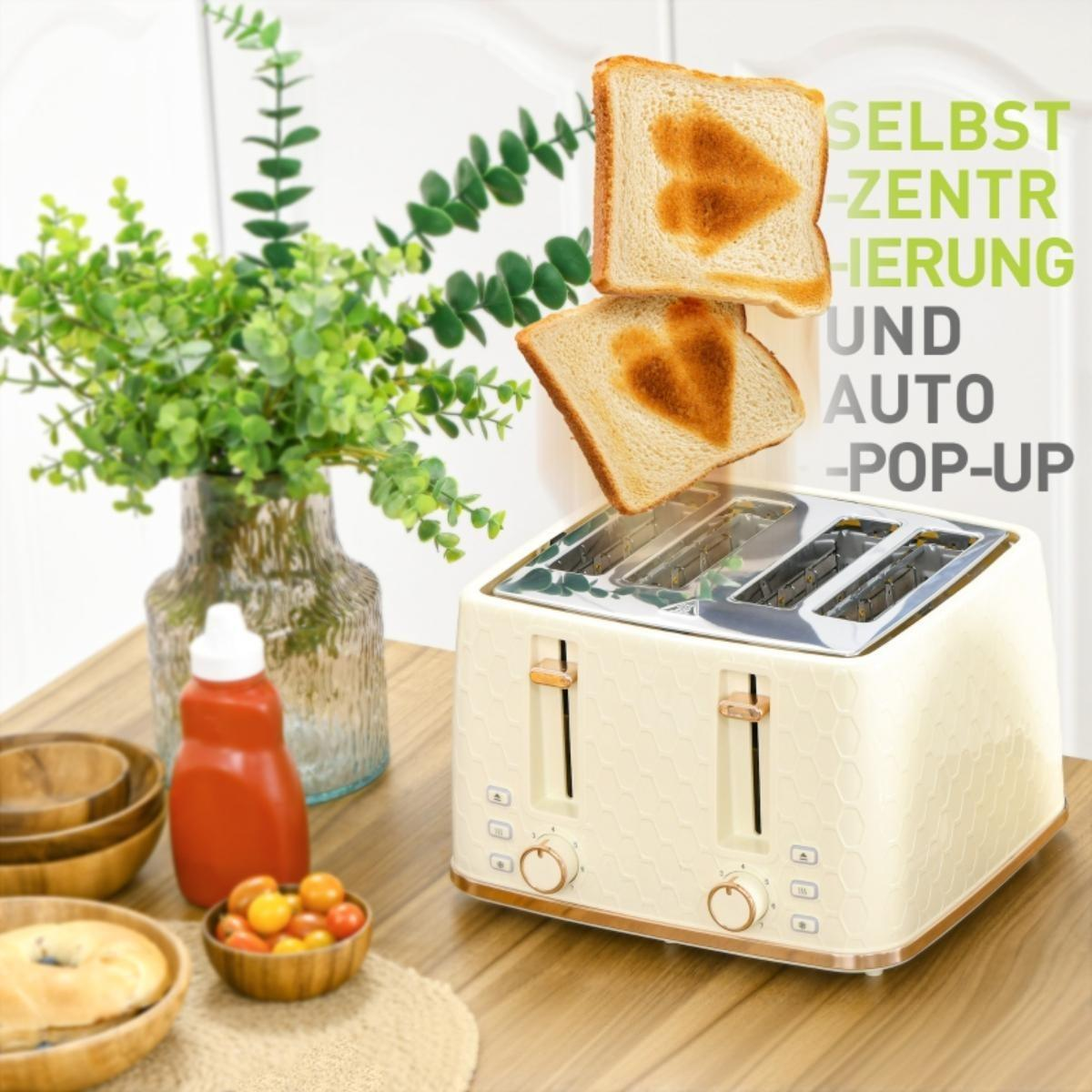 Toaster mit herzförmigen Toastscheiben. Grüne Pflanze und Ketchup-Flasche auf Holztisch. Text im Hintergrund.