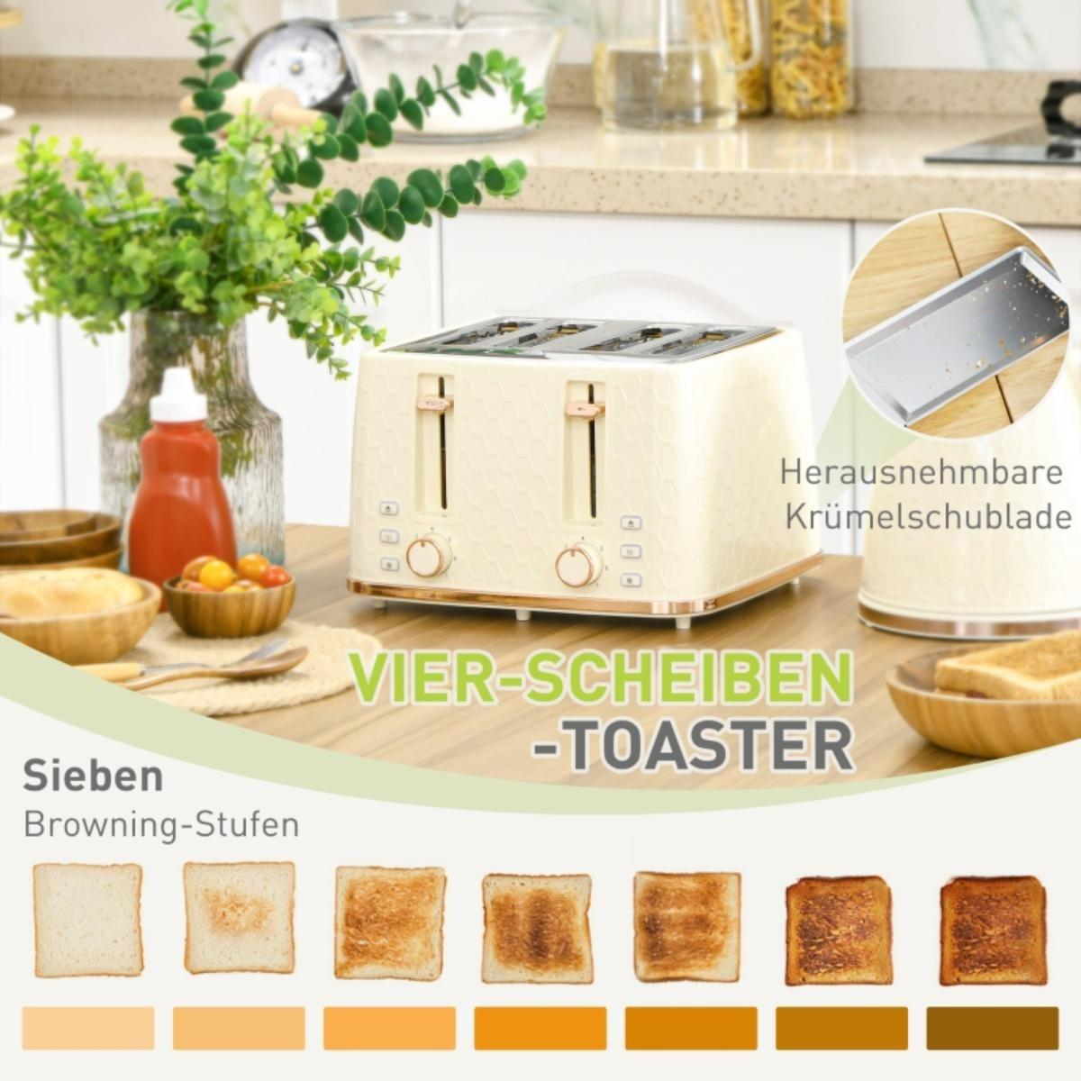 Cremefarbener Vier-Scheiben-Toaster mit Bräunungsstufen. Der Toaster steht auf einer Holzoberfläche.