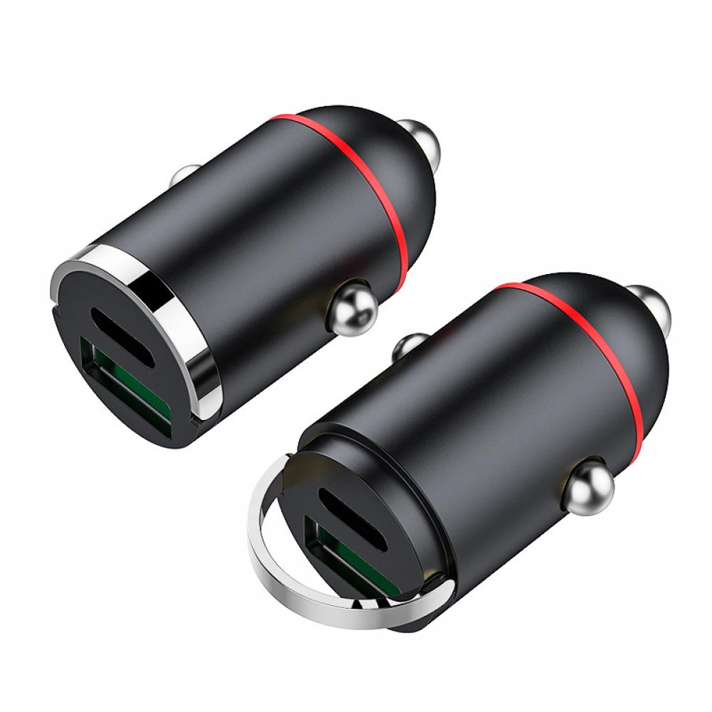 Zwei schwarze Autoladegeräte mit rotem Streifen und USB-Anschluss. Sie sind zylindrisch geformt.