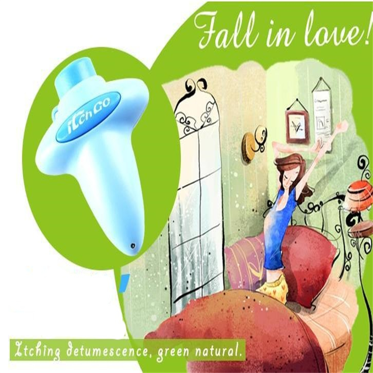 Ein hellblaues 'Itch go'-Gerät in einem grünen Kreis, mit einer Frau und dem Text 'Fall in love!'