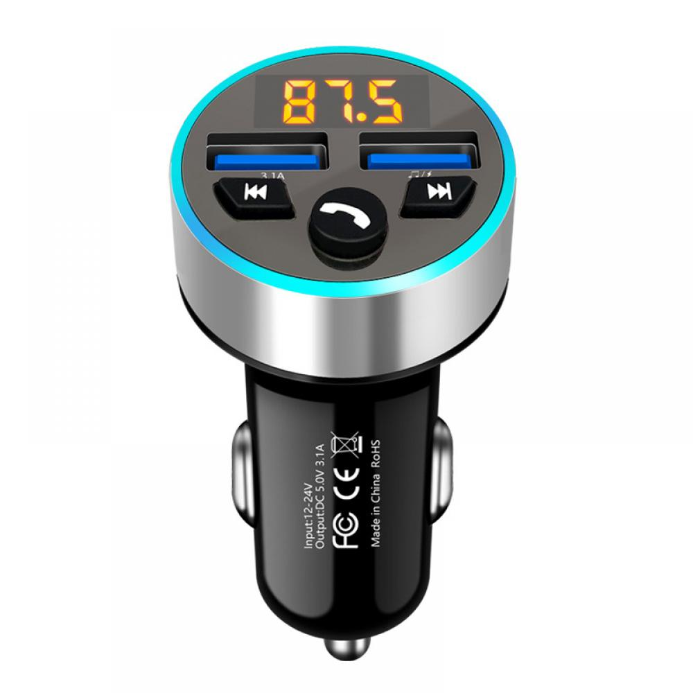 Ein schwarzes Autoladegerät mit zwei USB-Anschlüssen, einer Anzeige mit 87,5 und Tasten.