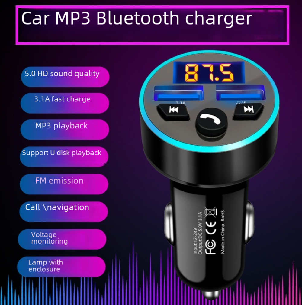 Ein MP3-Bluetooth-Autoladegerät mit mehreren Funktionen und einer Anzeige von 87,5, mit schwarzem Gehäuse.