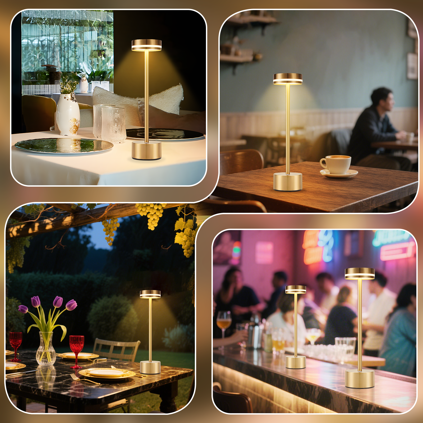Złota lampa w różnych ustawieniach: na stole, w ogrodzie i w barze. Każda scena ma inne tło.