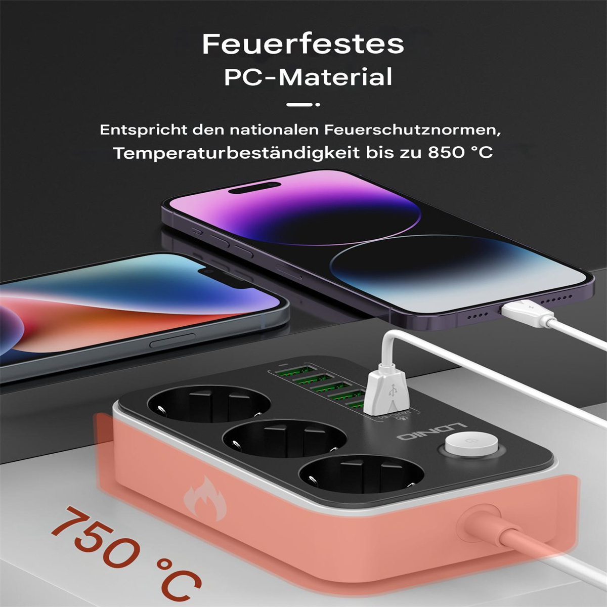 Eine Steckdosenleiste mit Steckdosen und USB-Anschlüssen, mit Telefonen, die oben aufgeladen werden. Feuerfestes Material ist beschriftet.