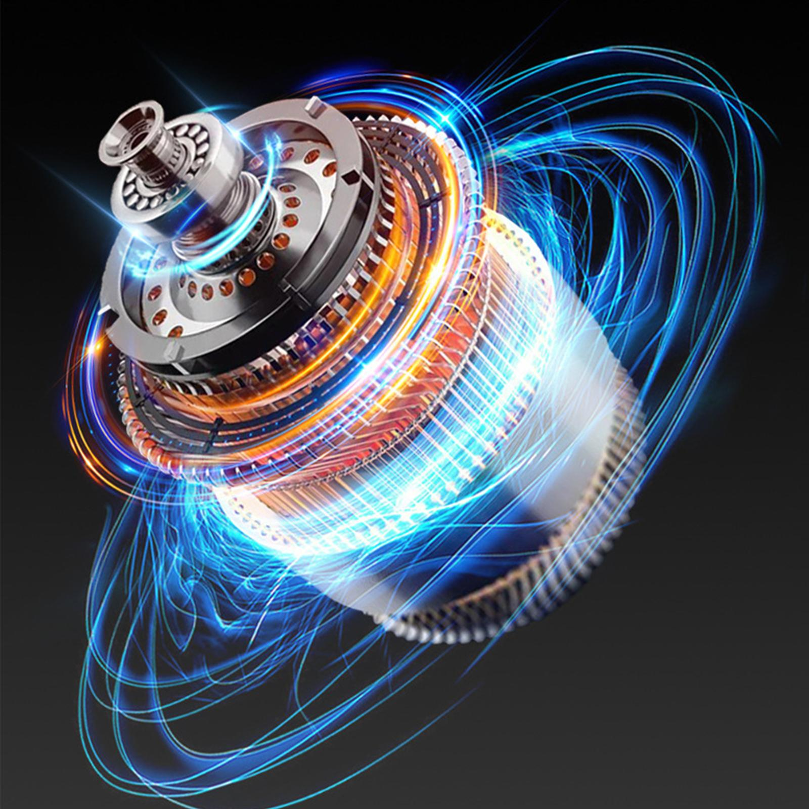 Die internen Komponenten eines Motors werden gezeigt. Blaue und orangefarbene Energielinien heben die Maschine hervor.