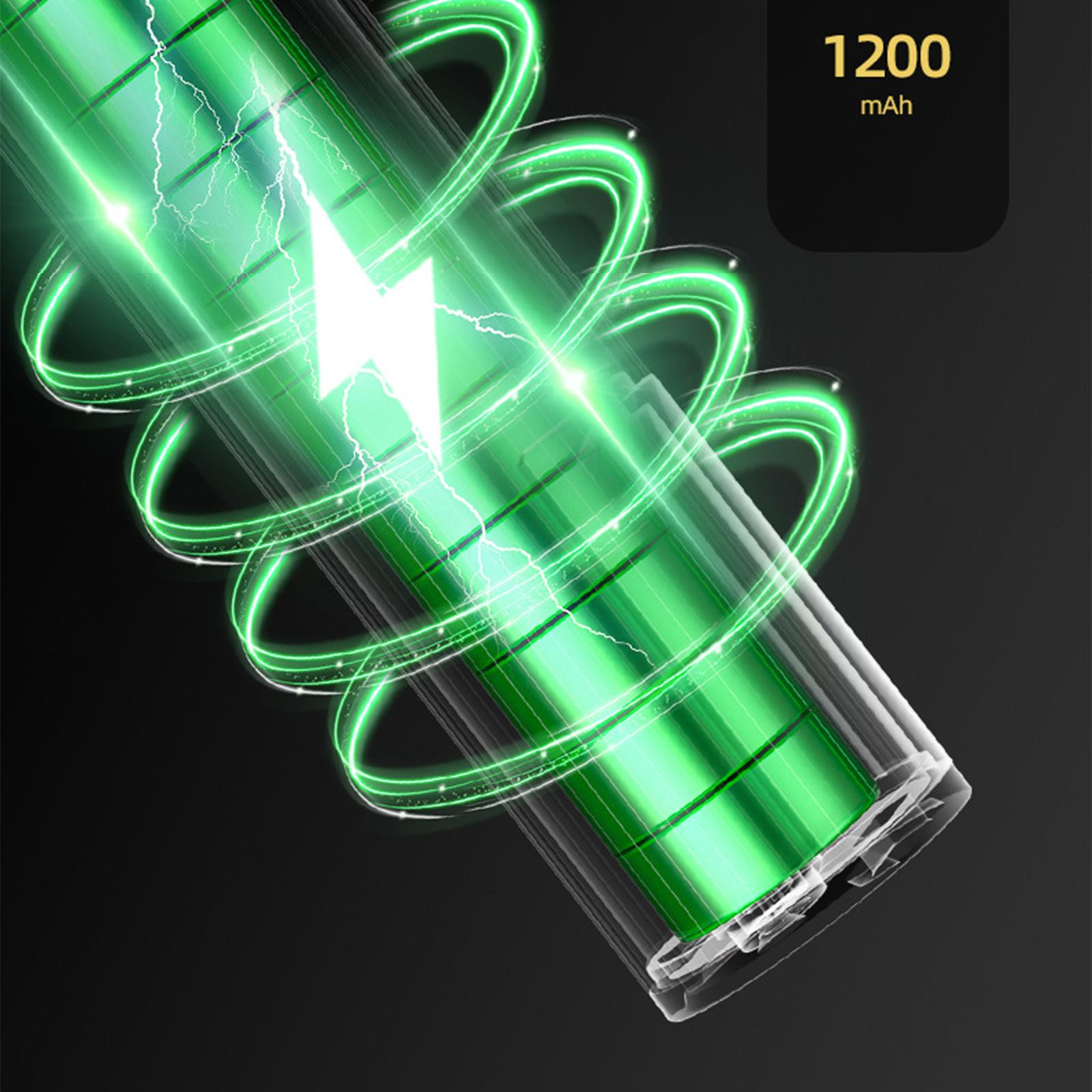 Eine grüne Batterie mit grünen Blitzen im Inneren. Die Batterie hat eine 1200mAh-Beschriftung. Der Hintergrund ist dunkel.