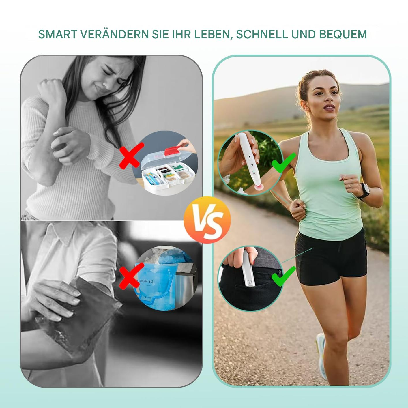 Ein Bild, das Lösungen vergleicht. Links: Arm kratzen, Rechts: Frau joggt. Das gezeigte Produkt hilft bei Hautreizungen.