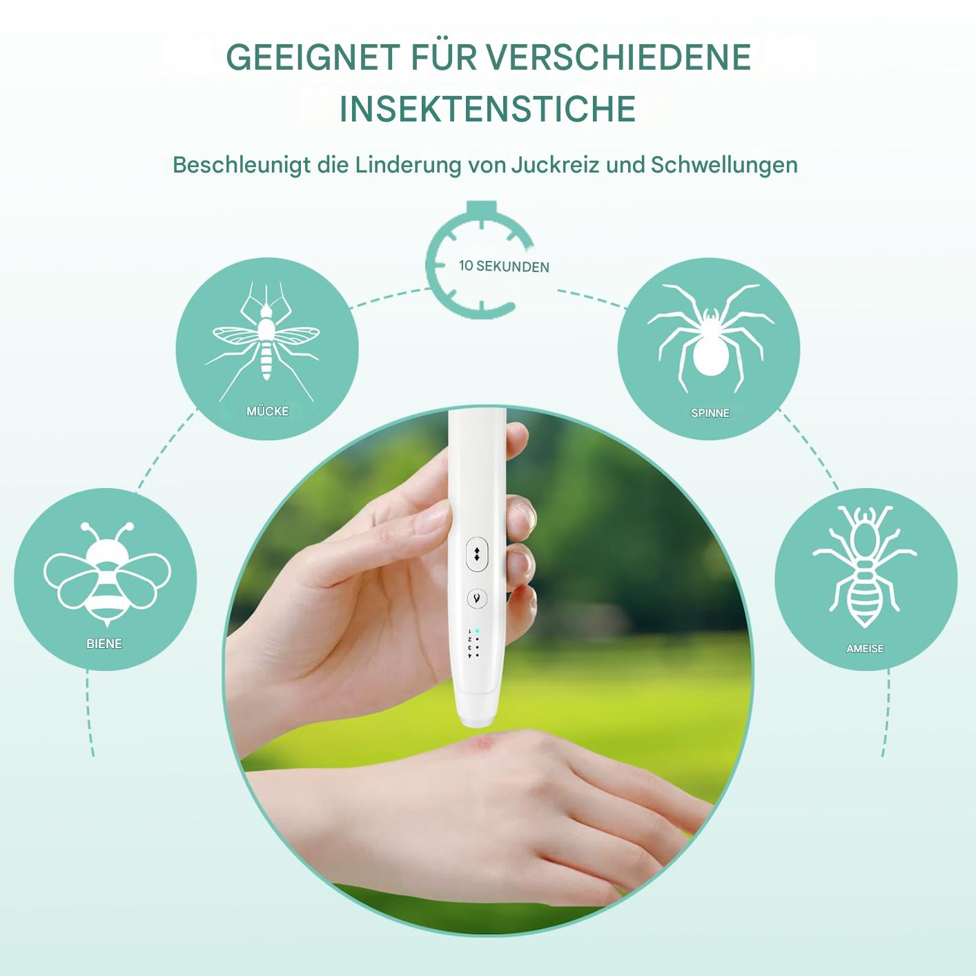 Bild eines weißen stiftförmigen Geräts, das auf einer Hand gezeigt wird und von Grafiken von Insekten umgeben ist. Zur Insektenstichlinderung.