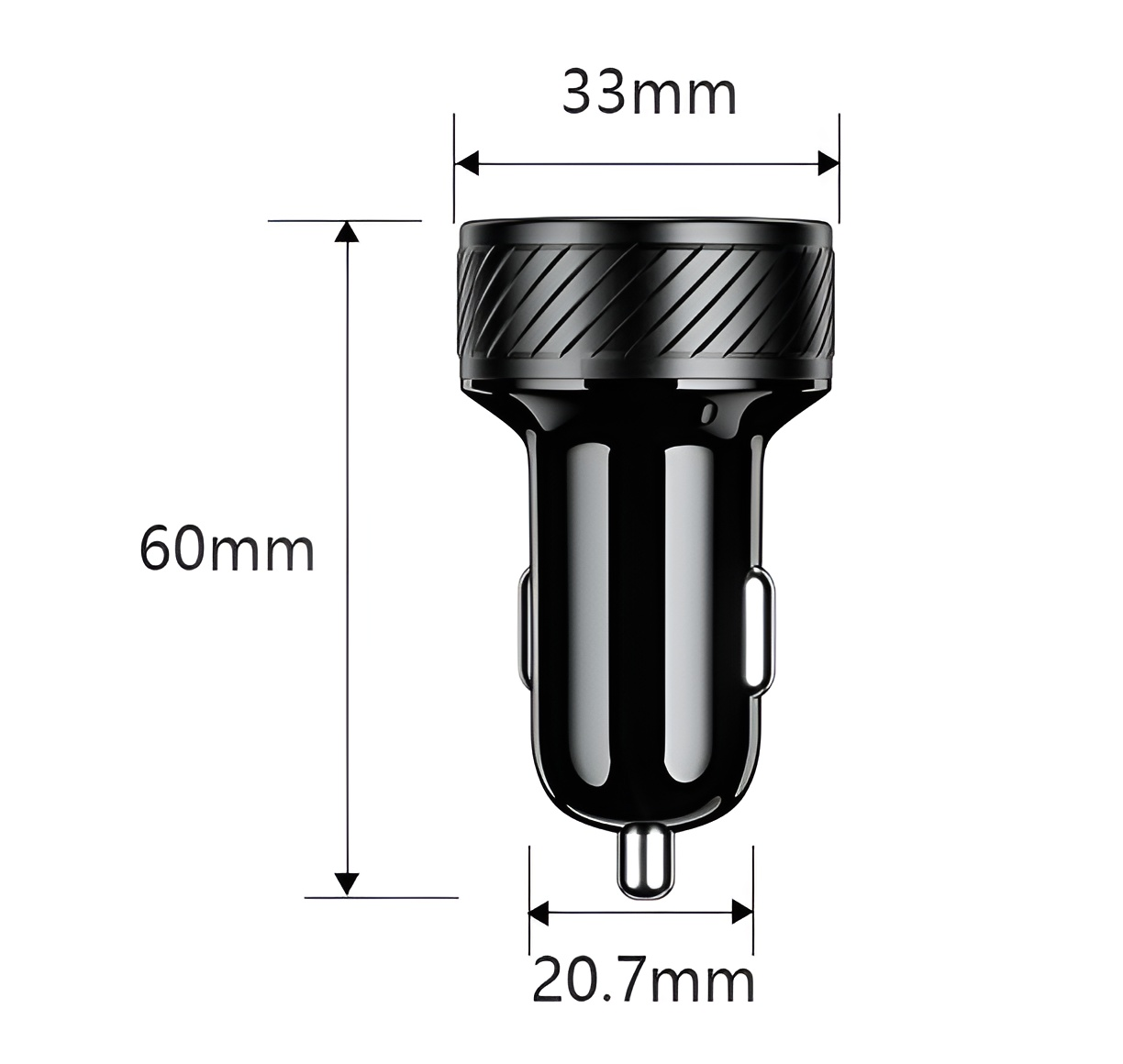 Ein schwarzes Autoladegerät mit Abmessungen. Die Oberseite ist 33 mm breit, die Höhe beträgt 60 mm und die Unterseite ist 20,7 mm breit.