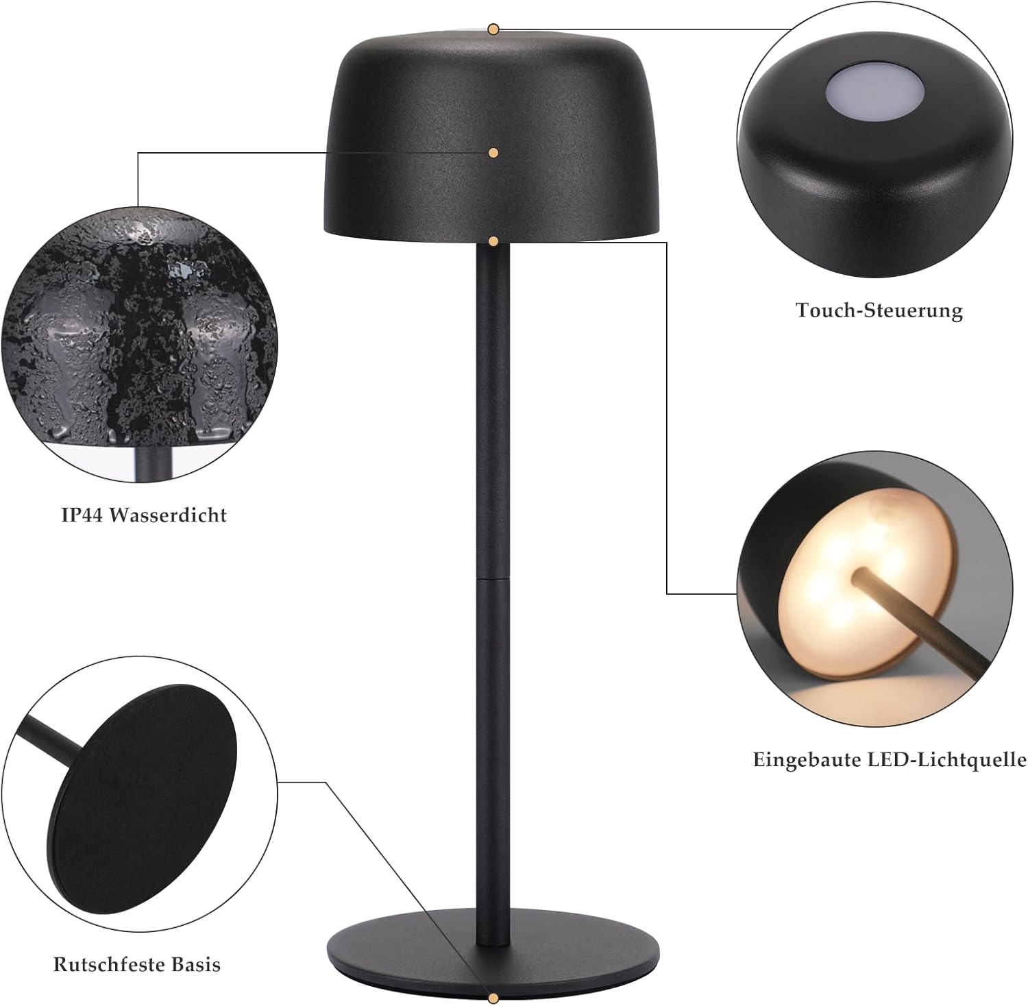 Zbliżenie czarnej lampy ze szczegółami: wodoodporna, sterowanie dotykowe i antypoślizgowa podstawa.