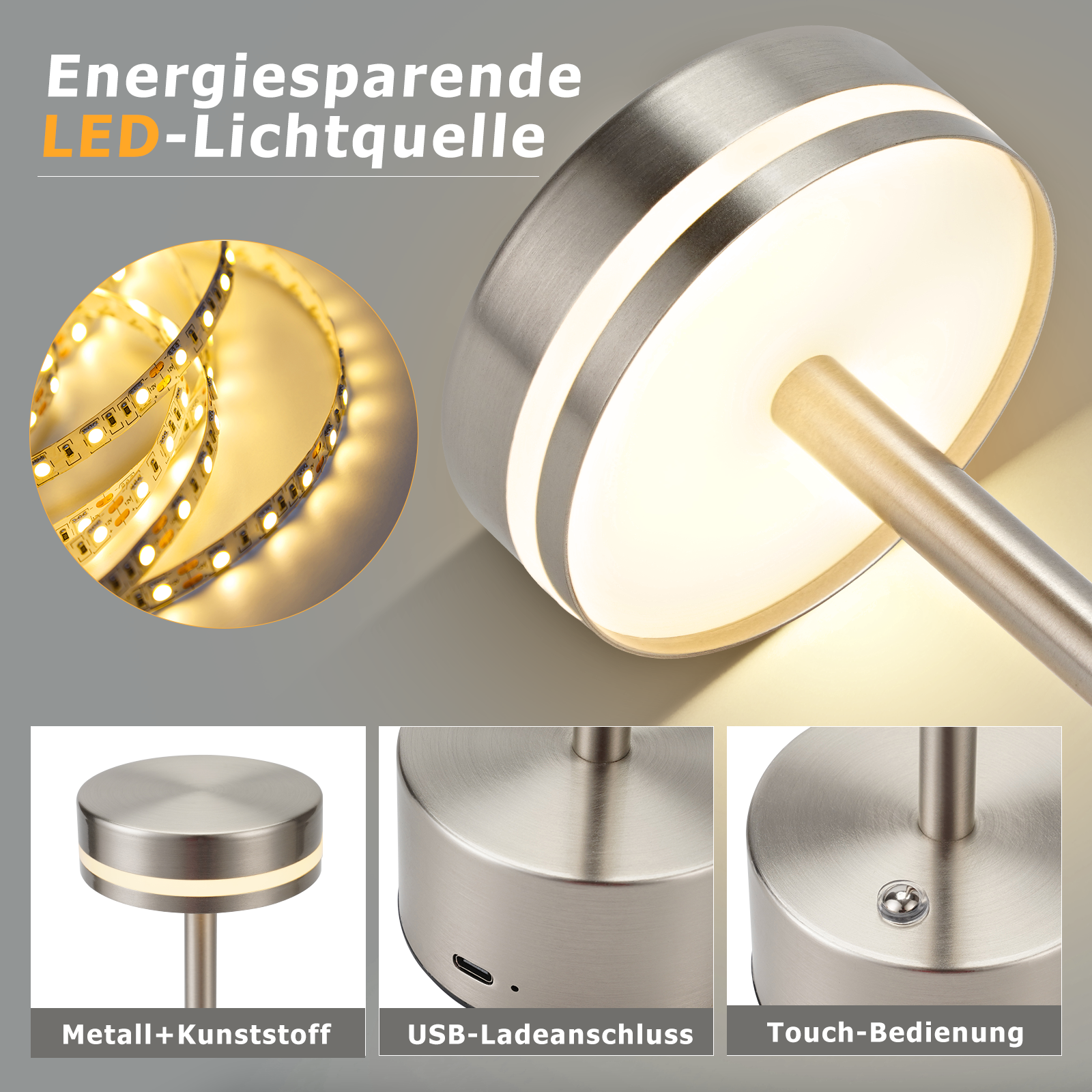 Zbliżenie srebrnej lampy ze źródłem światła LED, portem ładowania USB i przyciskami dotykowymi.