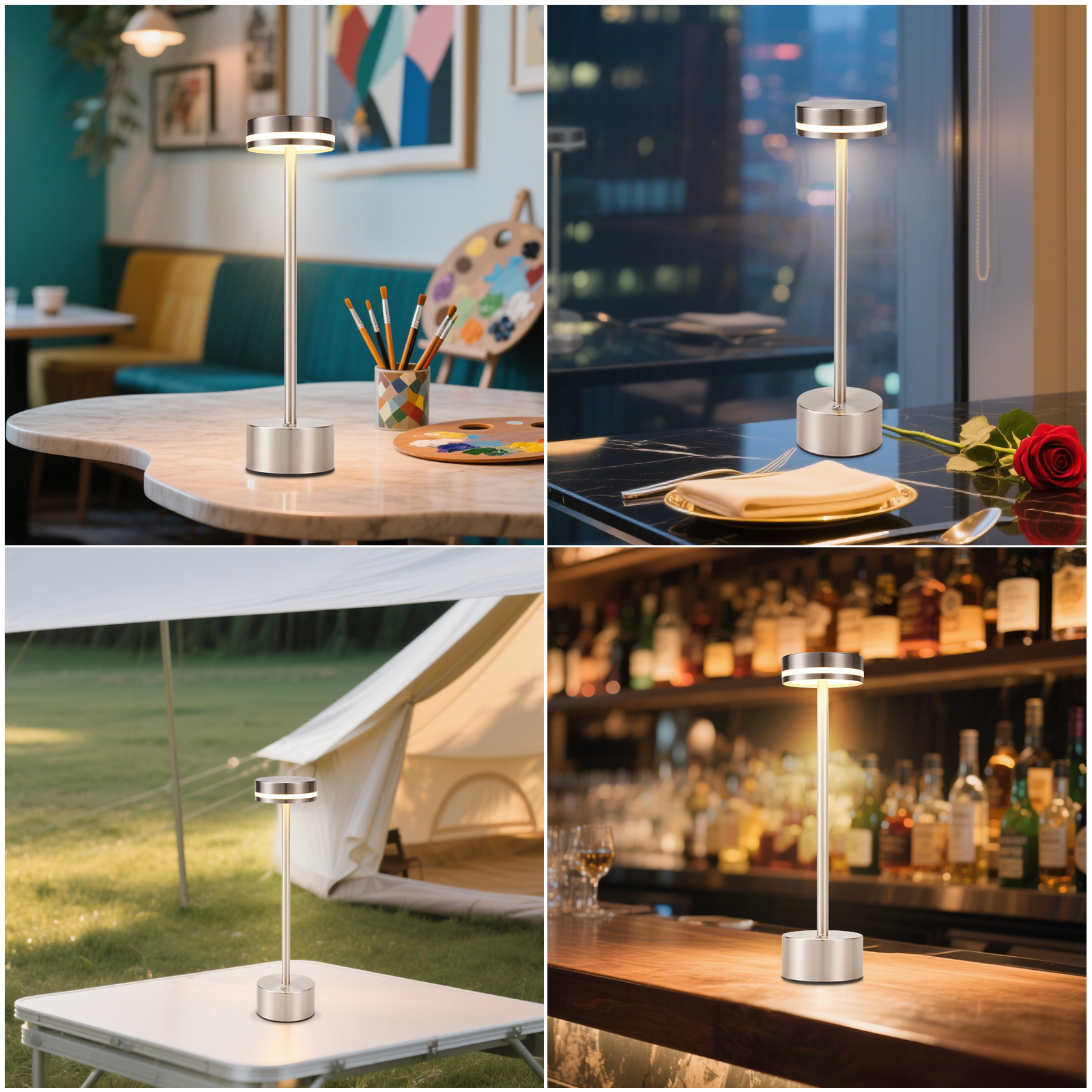 Cztery zdjęcia pokazujące srebrną lampę stołową w różnych ustawieniach: na stole, w barze i na zewnątrz.