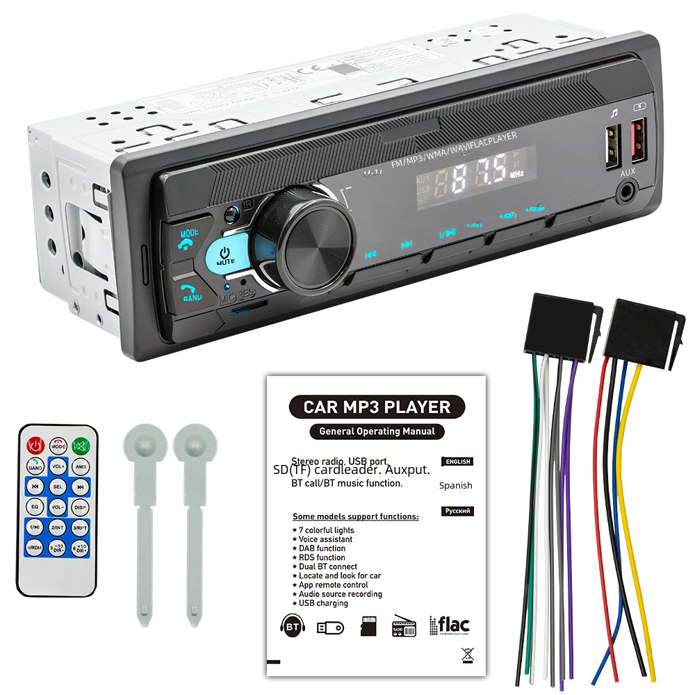 Auto-MP3-Player mit Knöpfen, Fernbedienung und Zubehör. Enthält eine englische Anleitung.
