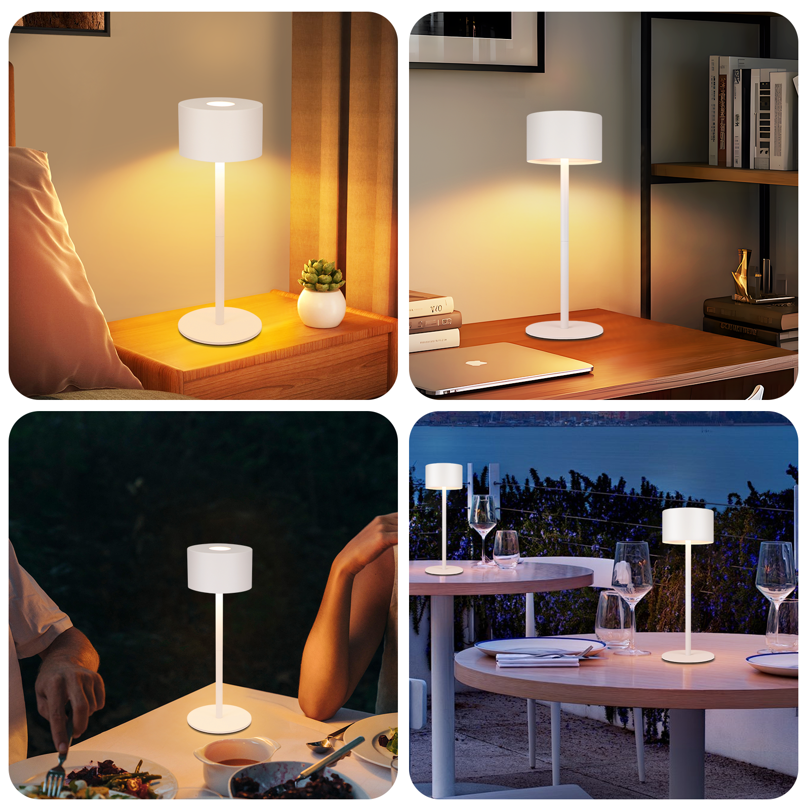 Cztery sceny przedstawiają białą lampę na stole w różnych ustawieniach: sypialnia, biurko, stół jadalny i stół na zewnątrz.