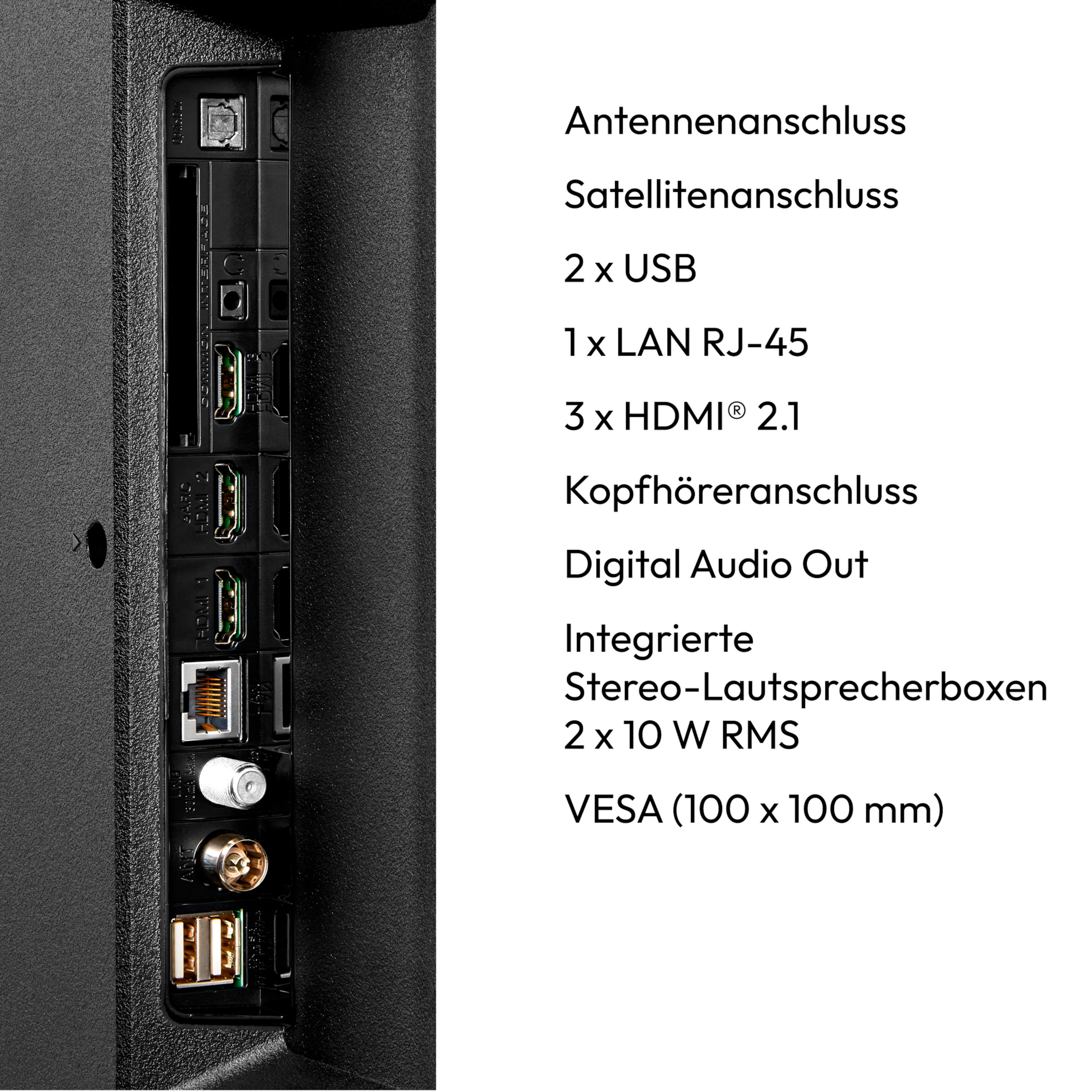 Nahaufnahme der Rückseite eines schwarzen Fernsehers mit Anschlüssen für Antenne, Satellit, USB, LAN, HDMI, Kopfhörer und Audio.