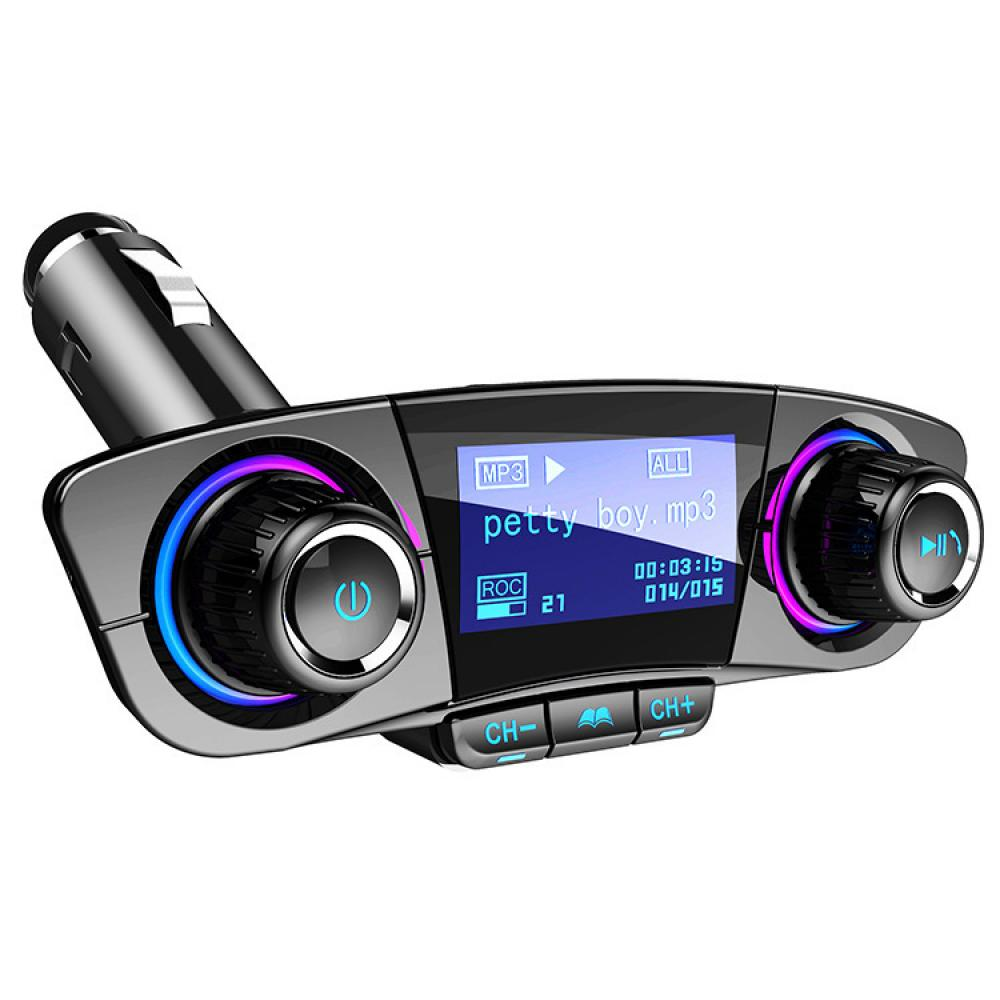 Schwarzer MP3-Player für Autos mit Bildschirm, der Songinfos anzeigt, und Bedienknöpfen mit blau/lila Beleuchtung.