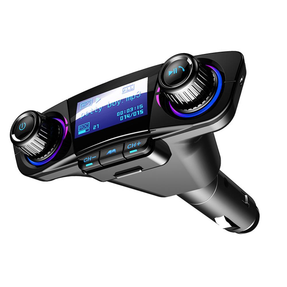 Schwarzer MP3-Player für Autos mit Bildschirm, der Songinfos anzeigt, und Bedienknöpfen mit blau/lila Beleuchtung.