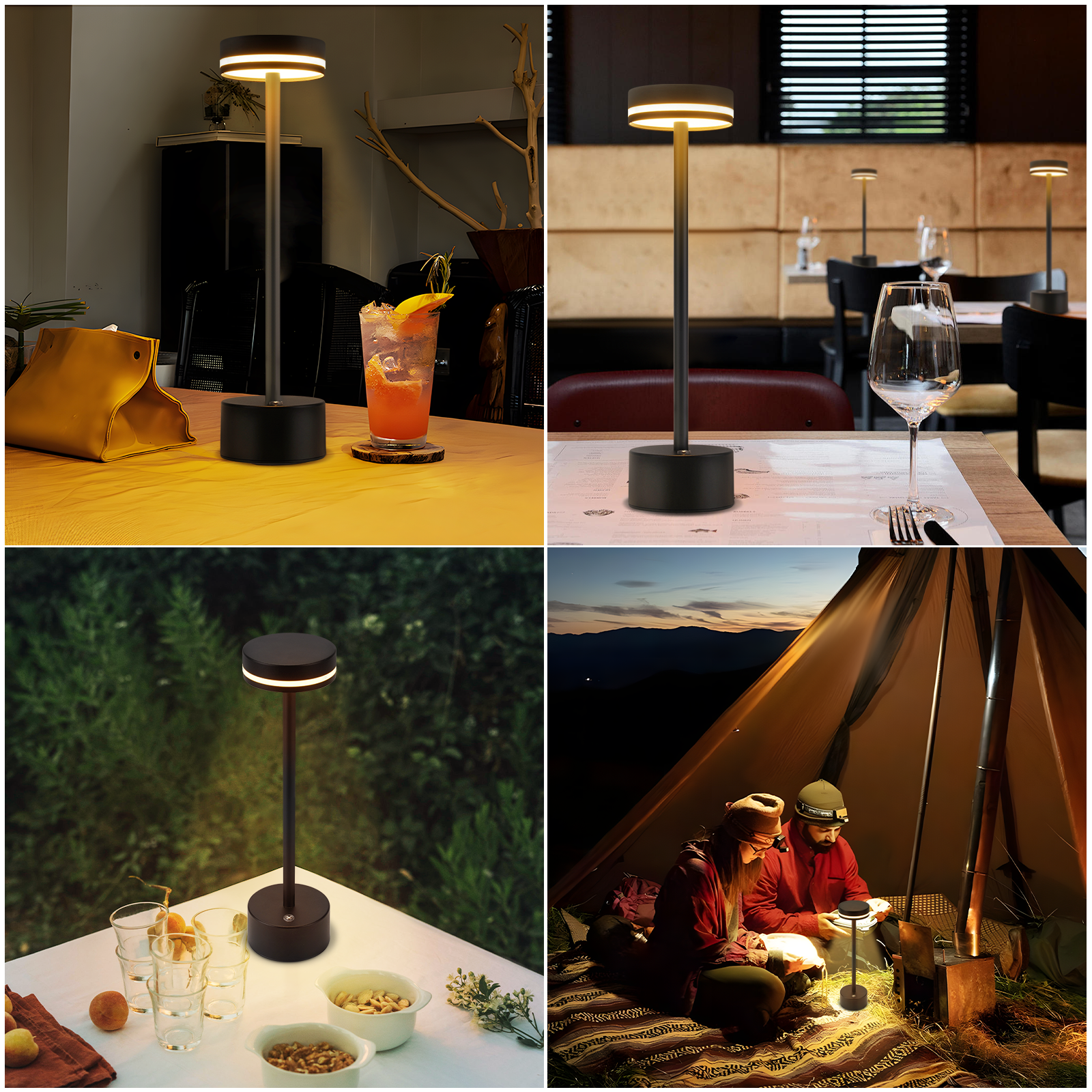 Wiele zdjęć czarnej lampy w różnych ustawieniach i środowiskach.