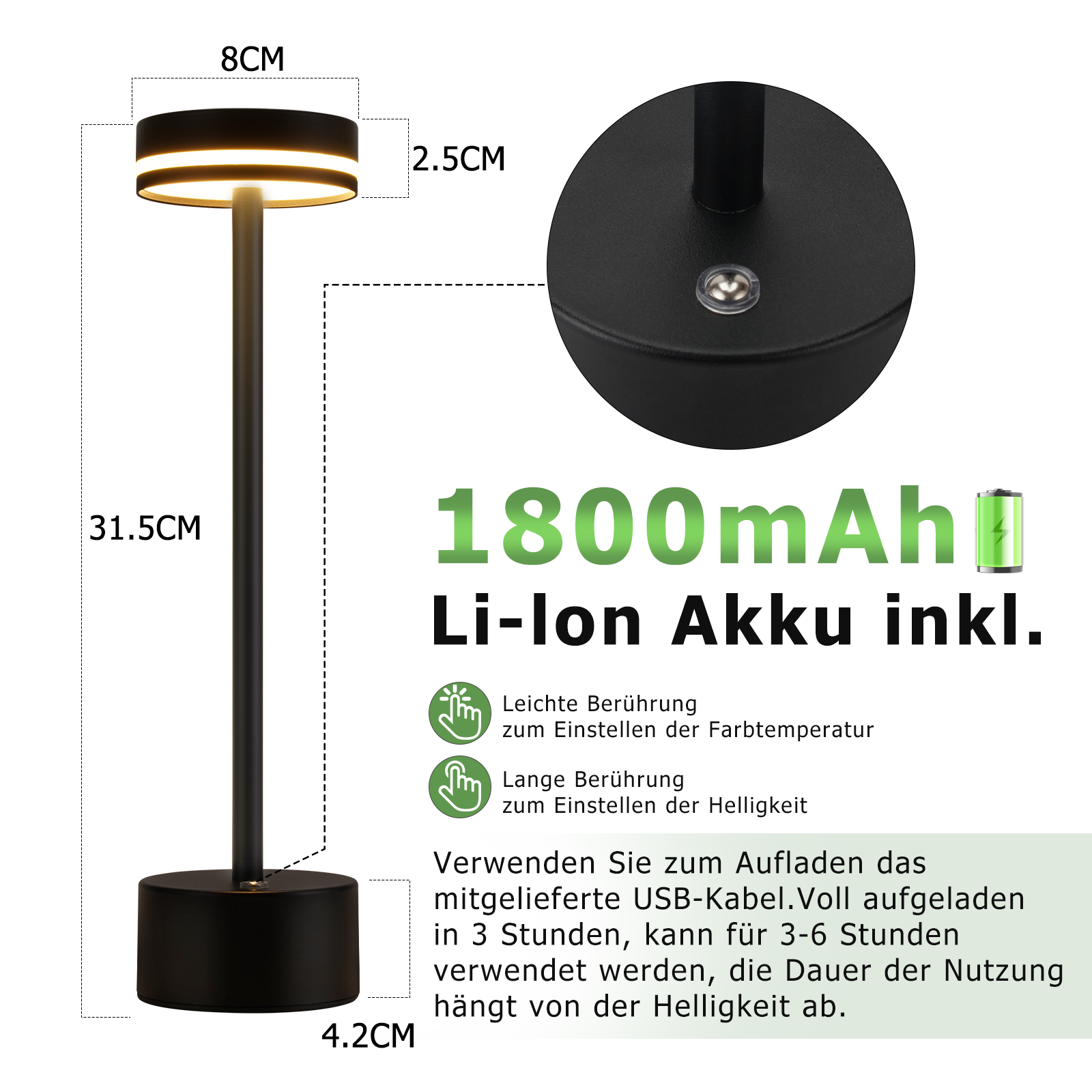 Czarna lampa stołowa z okrągłym światłem. Tekst pokazuje wymiary i informacje o baterii. Białe tło.