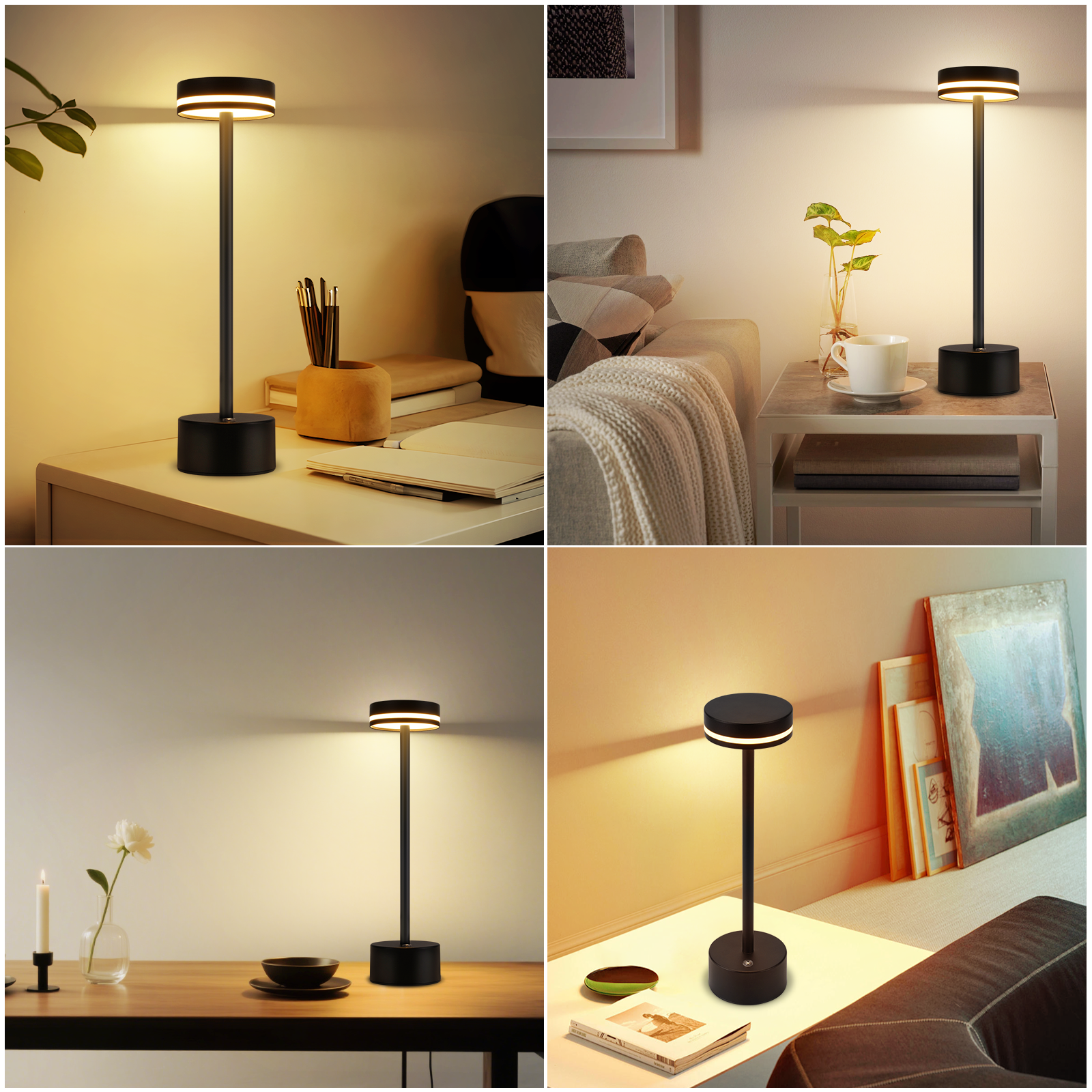 Wiele zdjęć czarnej lampy w różnych ustawieniach domowych.