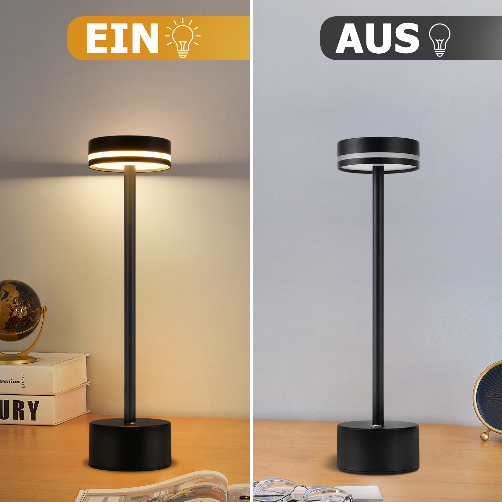 Czarna lampa, tryby włączony i wyłączony. Lewa strona włączona, prawa wyłączona.