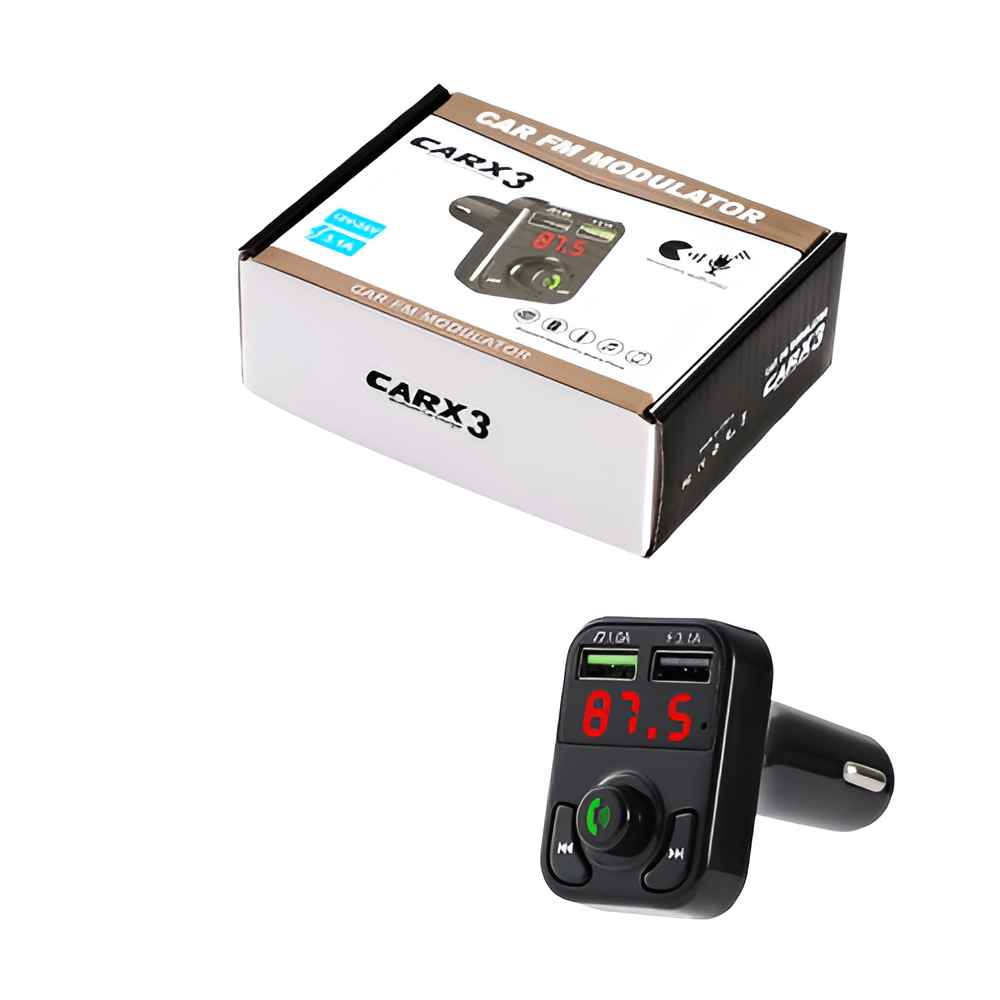 Auto-FM-Modulator in einer Box und ein schwarzes Gerät. Das Gerät zeigt 87,5 an und hat Knöpfe.