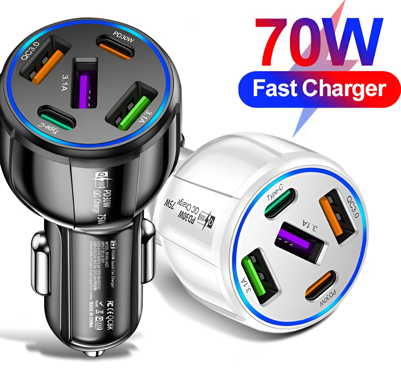 Zwei Autoladegeräte, eins schwarz und eins weiß, mit mehreren Anschlüssen und '70W Fast Charger'.