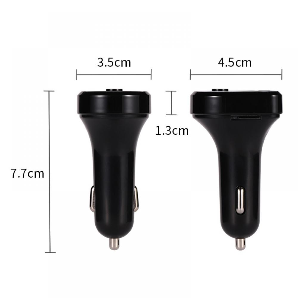 Zwei schwarze Autoladegerät-Adapter mit den Maßen: 3,5 cm, 4,5 cm, 1,3 cm und 7,7 cm.