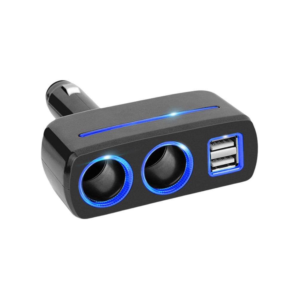 Schwarzes Autoladegerät mit zwei USB-Anschlüssen, zwei Zigarettenanzünder-Buchsen und blauem LED-Licht.
