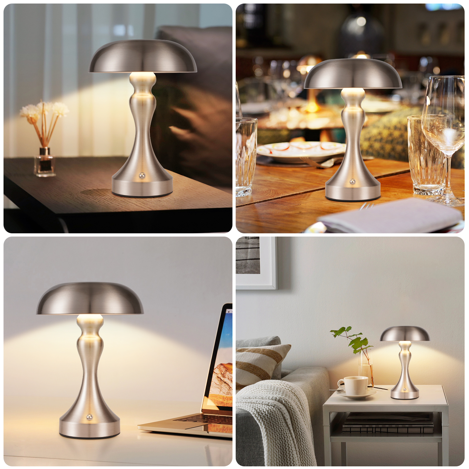 Srebrna lampa na stole. Tło przedstawia scenę w pokoju.