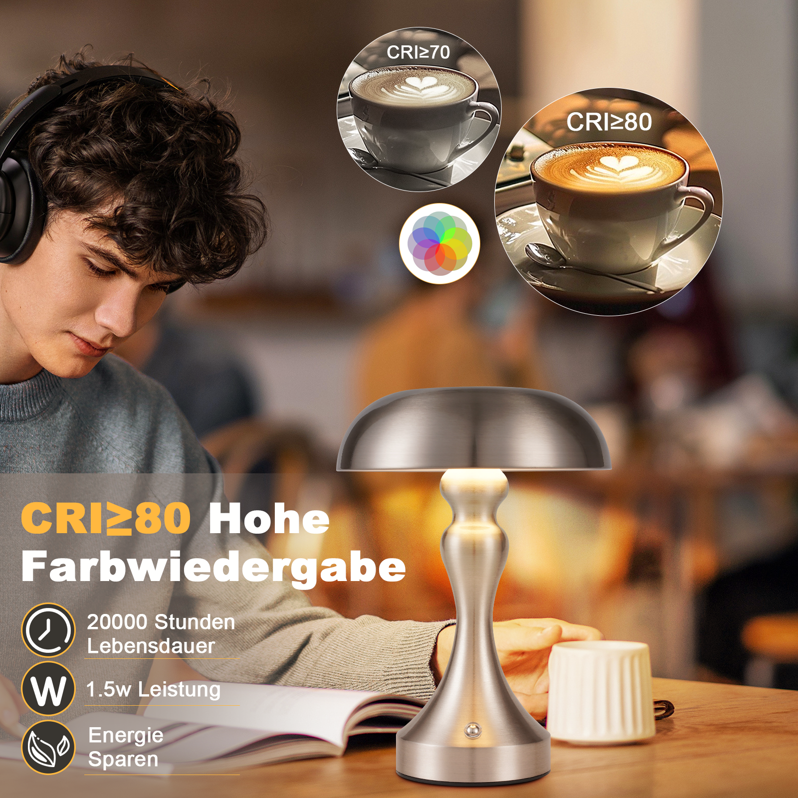 Mężczyzna ma na sobie słuchawki i siedzi przy stole. Obok niego lampa i filiżanki do kawy. Tekst opisuje lampę.