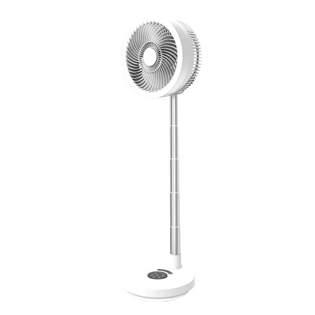 Weißer Standventilator. Der Ventilator steht auf einem Ständer, mit rundem Sockel und rundem Ventilatorkopf. Alles weiß.