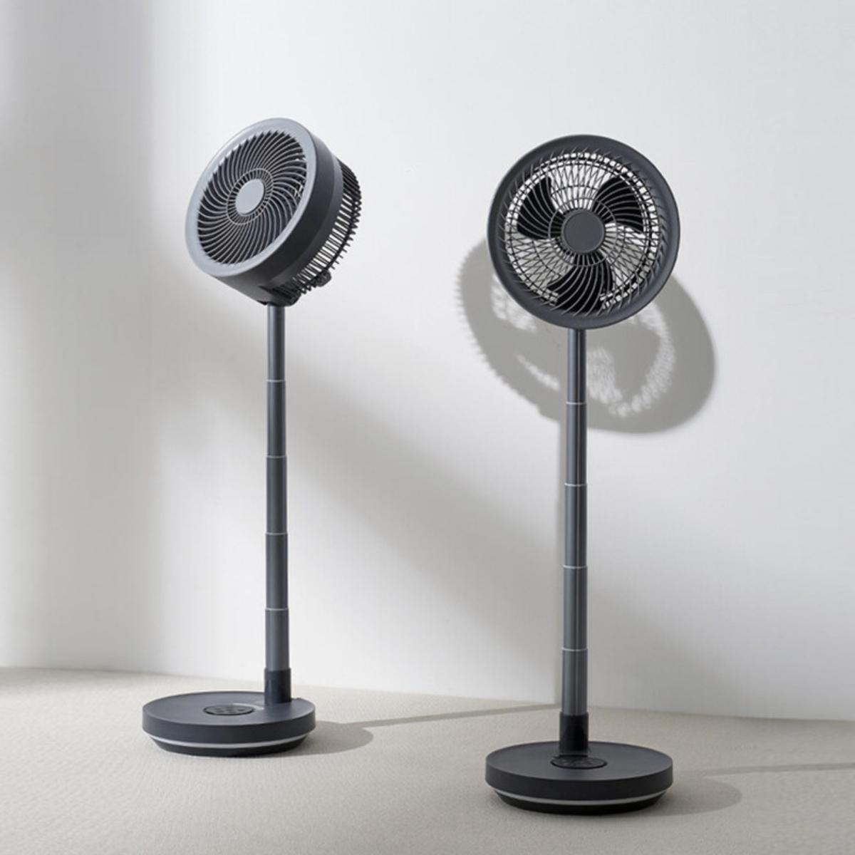 Zwei graue Ventilatoren auf Ständern vor einer weißen Wand. Einer ist geneigt.